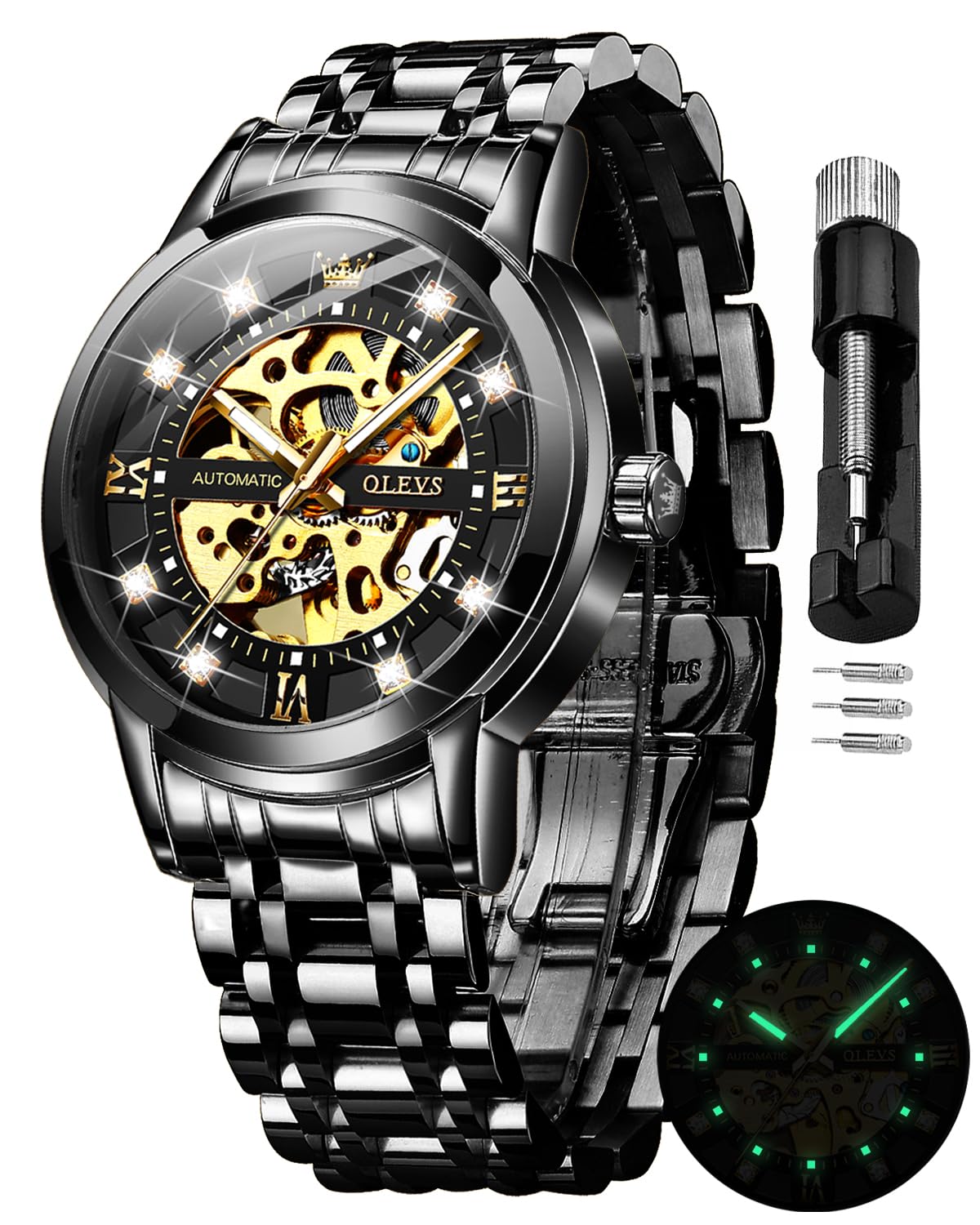 OLEVS Automatic Skeleton Watches for Men - Luxury Mechanical Gold Wristwatch with Diamond Accents, Stainless Steel Case, Waterproof & Luminous - Perfect for Business, Formal Events & Gift Giving