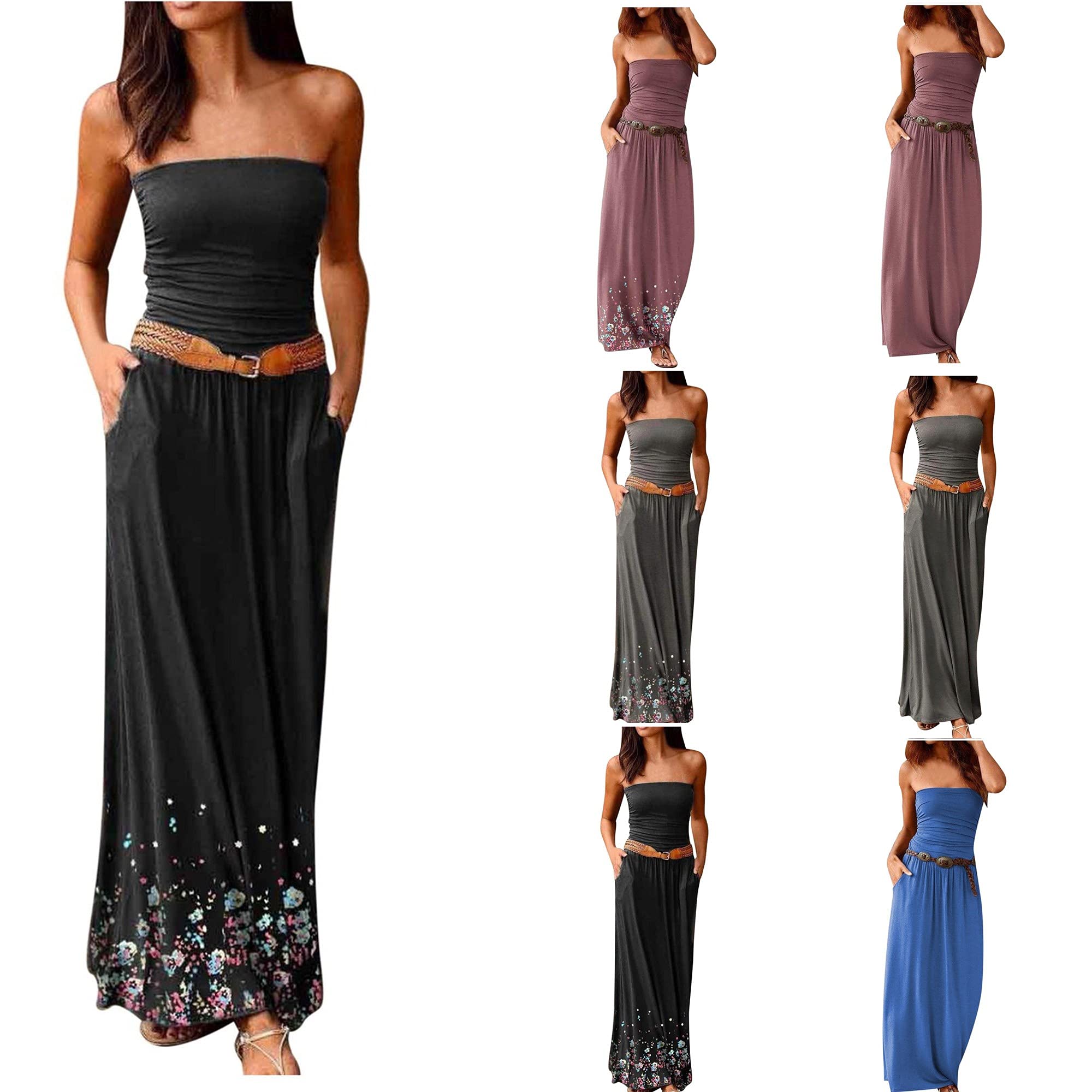 Women's Casual Summer Sleeveless Off-Shoulder Maxi Dress with Wrap Belt & Pocket - Perfect for Beach Parties, Vacations & Date Nights