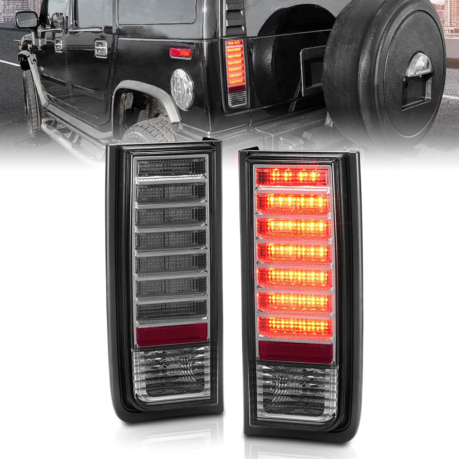 AmeriLite LED Tail Lights Replacement for Hummer H2 - Left & Right Side Smoke Lens - Enhanced Visibility & Style for Off-Road Adventures & Night Driving