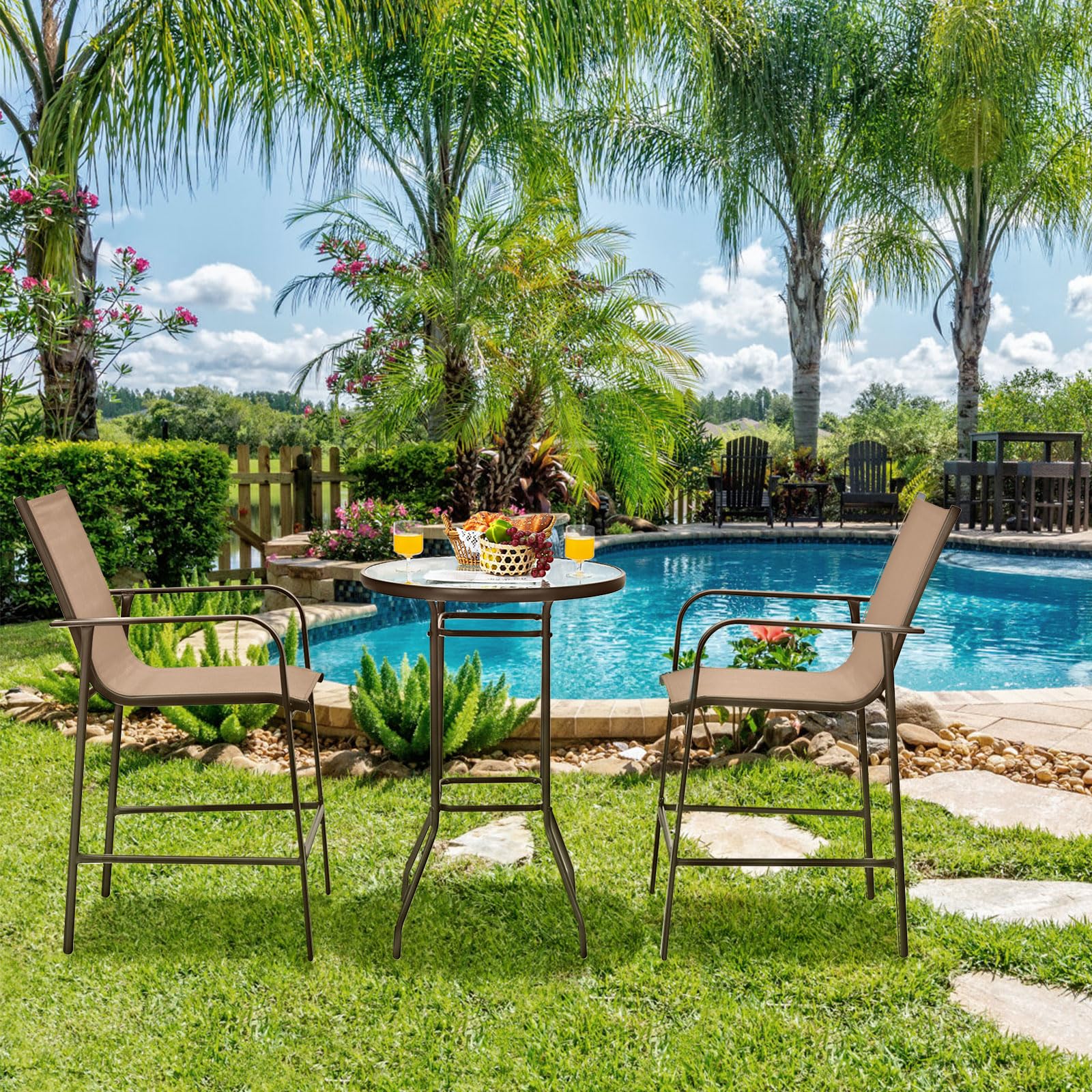 Tangkula 3-Piece Outdoor Patio Bar Set - 2 Bar Stools & 1 Tempered Glass Table, Bistro Height for Backyard, Garden, Balcony - Perfect for Coffee, Dining & Outdoor Relaxation