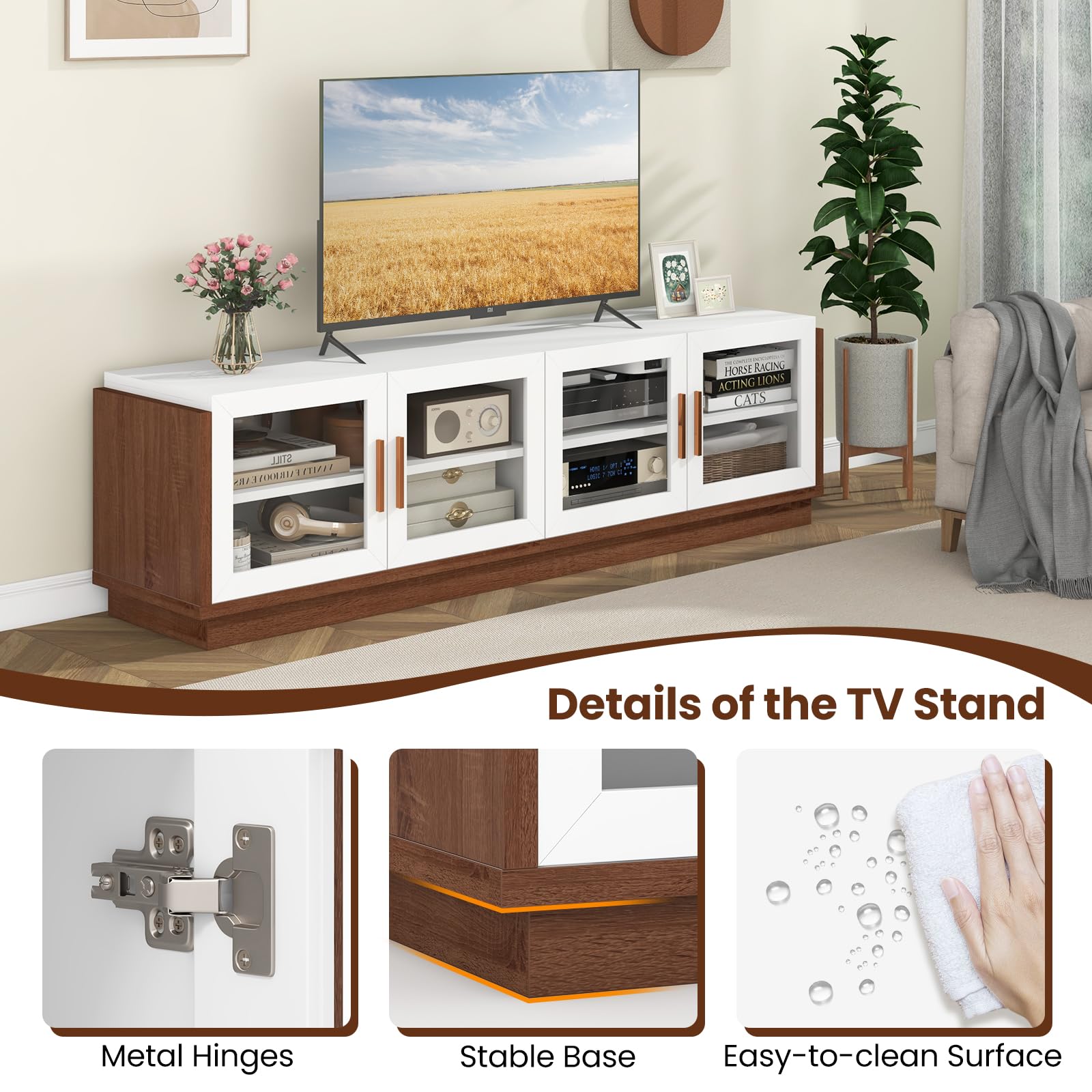Giantex 75 Inch TV Stand with 4 Tempered Glass Doors & 2 Adjustable Shelves - Large Entertainment Center with 4 Cable Holes, Media Console (70
