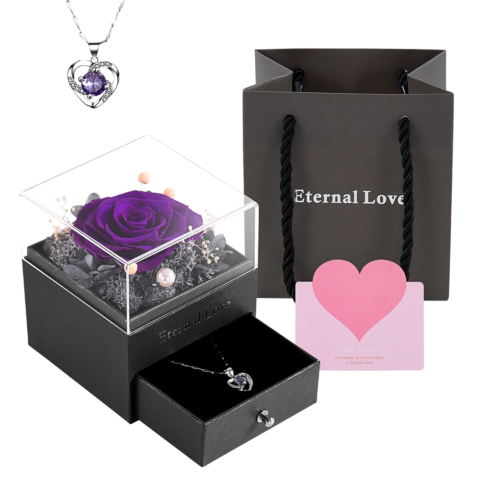 SHOKUTO Preserved Rose Jewelry Box with Necklace - Romantic Birthday Gift for Women, Mom, Girlfriend, Wife, Daughter, Sister - Perfect for Valentine's Day, Anniversary & Special Occasions