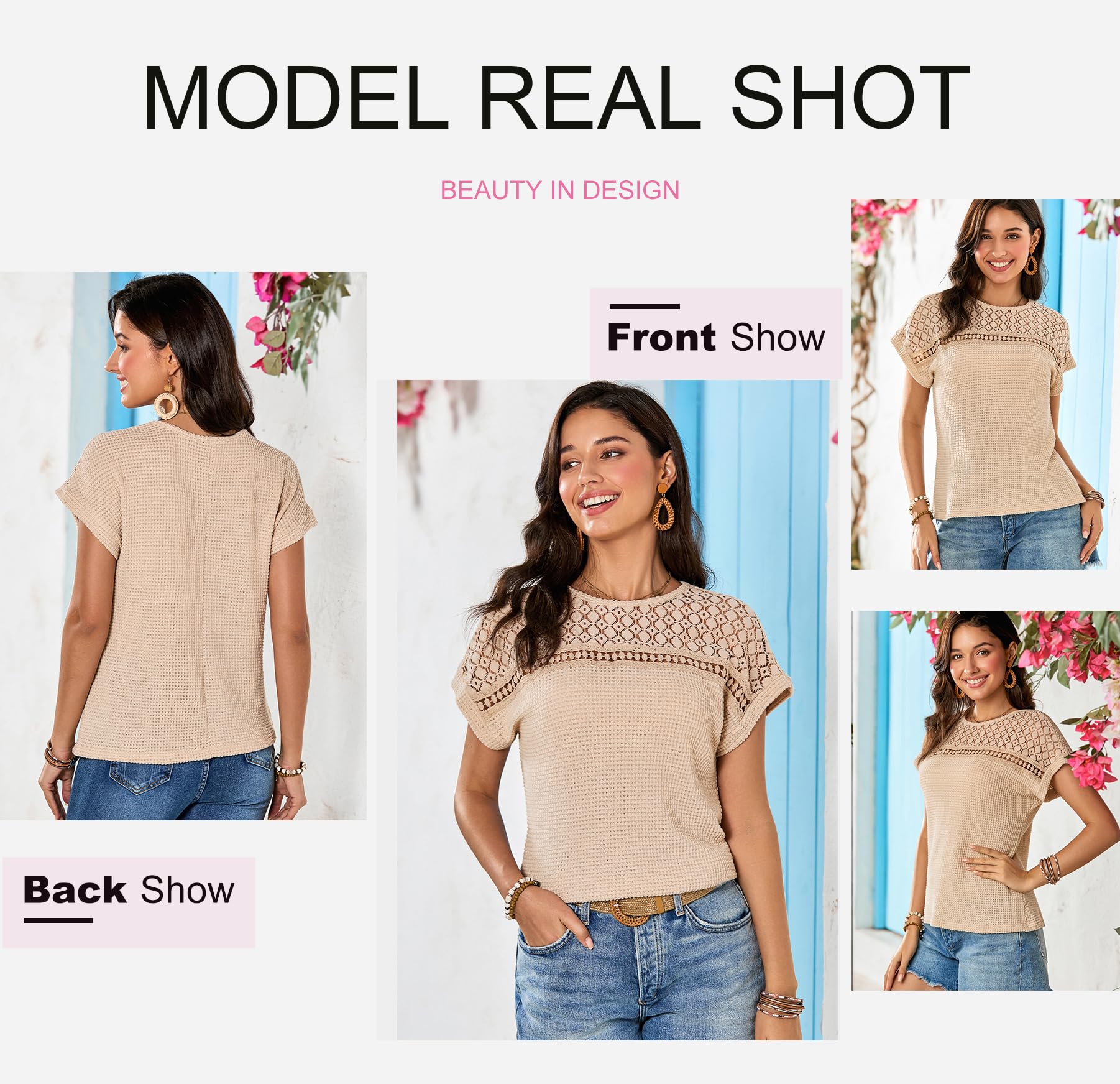 Dokotoo Women's Casual Scoop Neck Short Sleeve Waffle Knit Hollow Out Blouse - Loose Tunic Top for Summer, Beach & Everyday Wear
