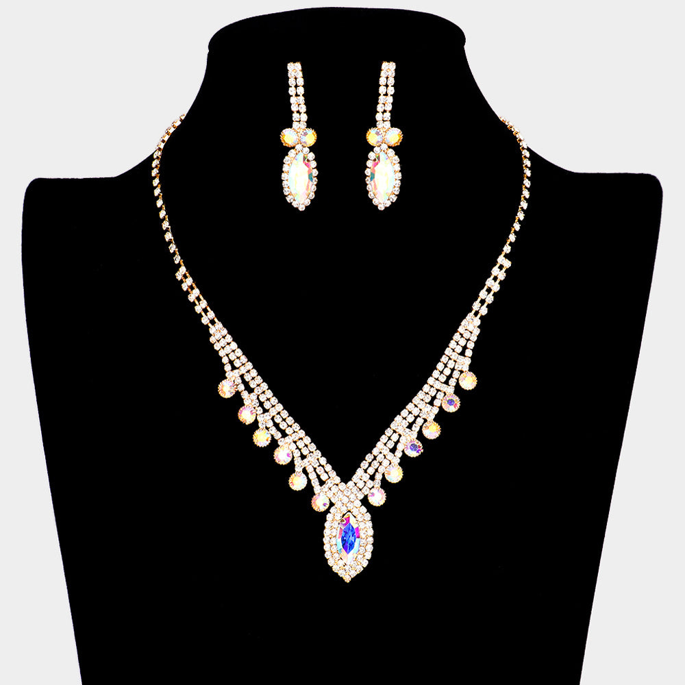 Elegant AB Round & Marquise Rhinestone Prom Necklace Set in Gold - Perfect for Dances, Weddings & Formal Events | 592478