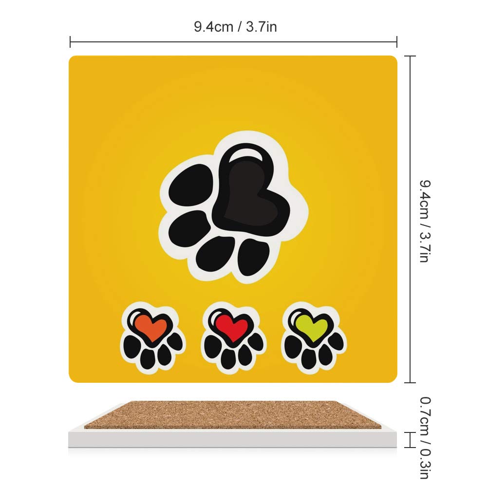 Hapuxt 4-Pack Ceramic Drink Coasters with Cork Bottom - Square Cup Holder for Wine, Beer & Cold Drinks - Paw Print & Heart Design - Table Protection & Home Decor - Perfect for Parties, Bars & Kitchen Use
