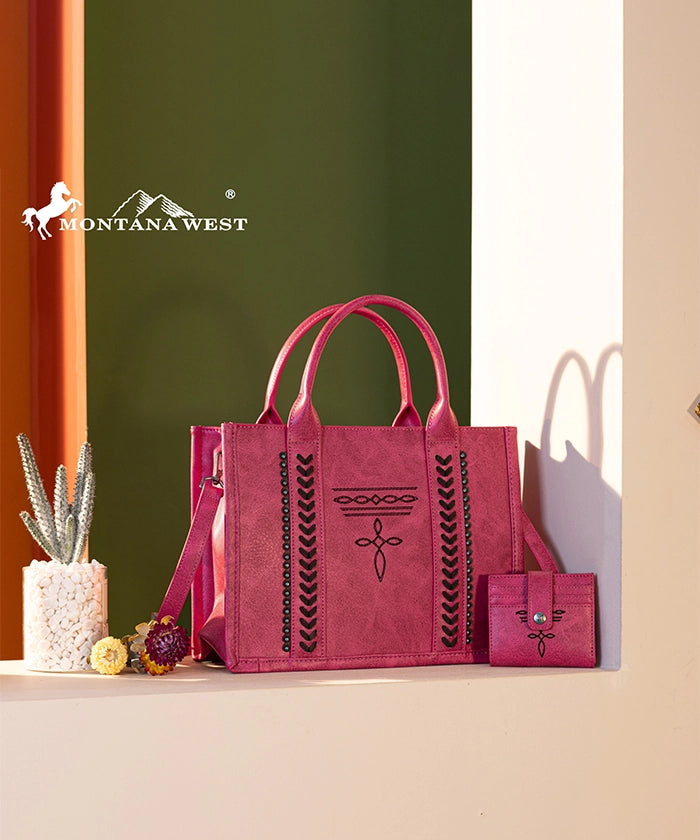 Montana West Whipstitch Tote Bag Set - Stylish Leather Handbag for Women, Spacious Work & Travel Tote with Matching Wallet - Perfect for Office, Commute & Weekend Getaways