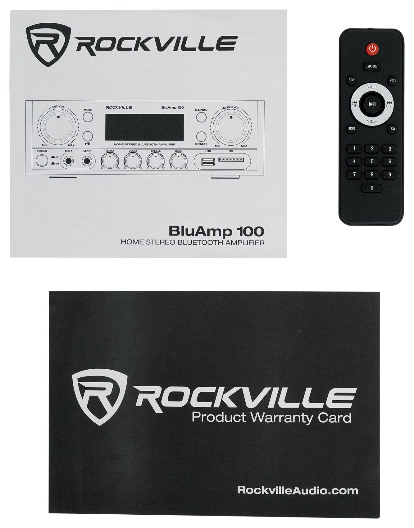 Rockville BLUAMP 100W Bluetooth Home Stereo Amplifier with USB/RCA Outputs & Wireless Microphone System - Perfect for Karaoke, Home Theater, and Party Entertainment
