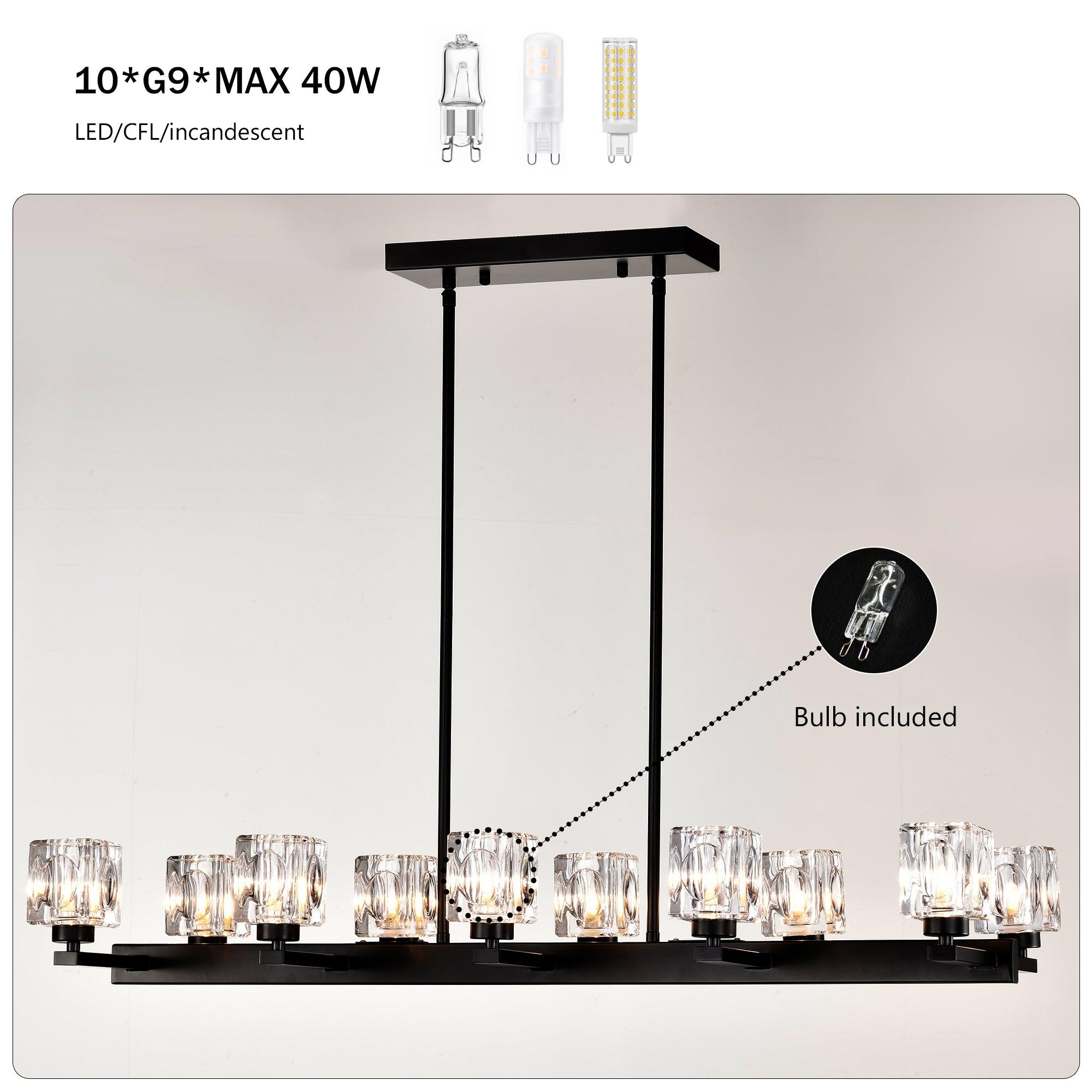 10-Light Black Farmhouse Linear Chandelier - Modern Crystal Pendant Lighting for Dining Room, Kitchen Island, Bar & Long Table - G9 Bulb Compatible (10xG9, Max 40W) - Perfect for Rustic, Industrial & Contemporary Home Decor