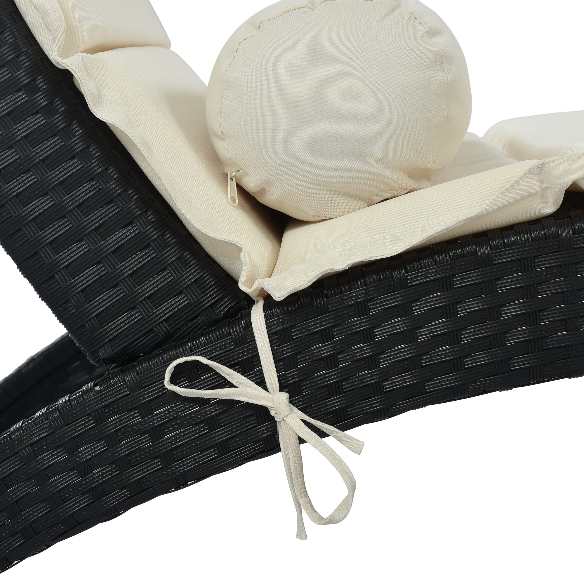 Foldable PE Rattan Sun Lounger Chair with Removable Cushion & Pillow - Outdoor Patio Furniture for Backyard, Garden, Poolside, Balcony - Wicker Chaise Lounge for Relaxing in Black & Beige