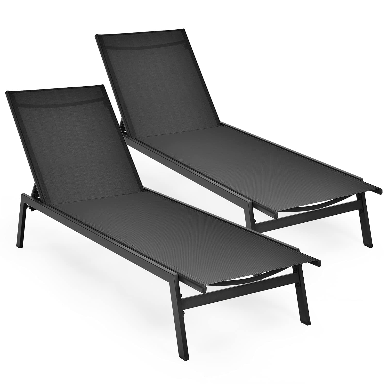 **Tangkula 2-Pack Outdoor Chaise Lounge Chairs - 6-Position Adjustable Reclining Patio Chairs with Breathable Fabric & Heavy-Duty Steel Frame - Perfect for Garden, Backyard, Poolside, and Beach Relaxation (Black, Set of 2)**