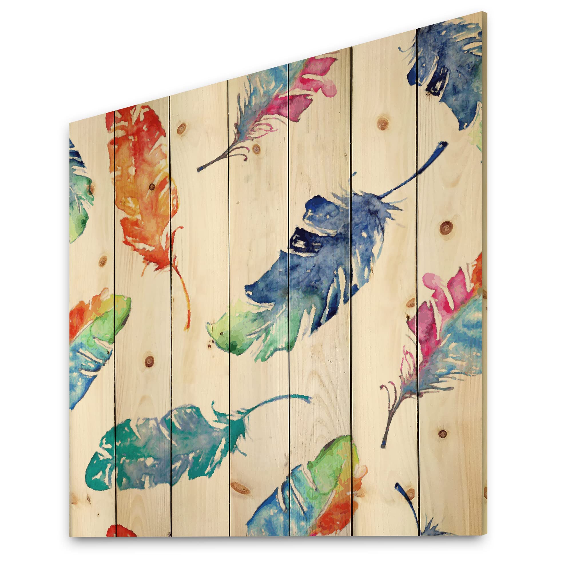 Bohemian Blue Feather Wood Wall Art - Handcrafted Ethnic Decor with Printed Photography on Natural Pine Wood Panels - Perfect for Living Room, Bedroom & Boho Home Decor