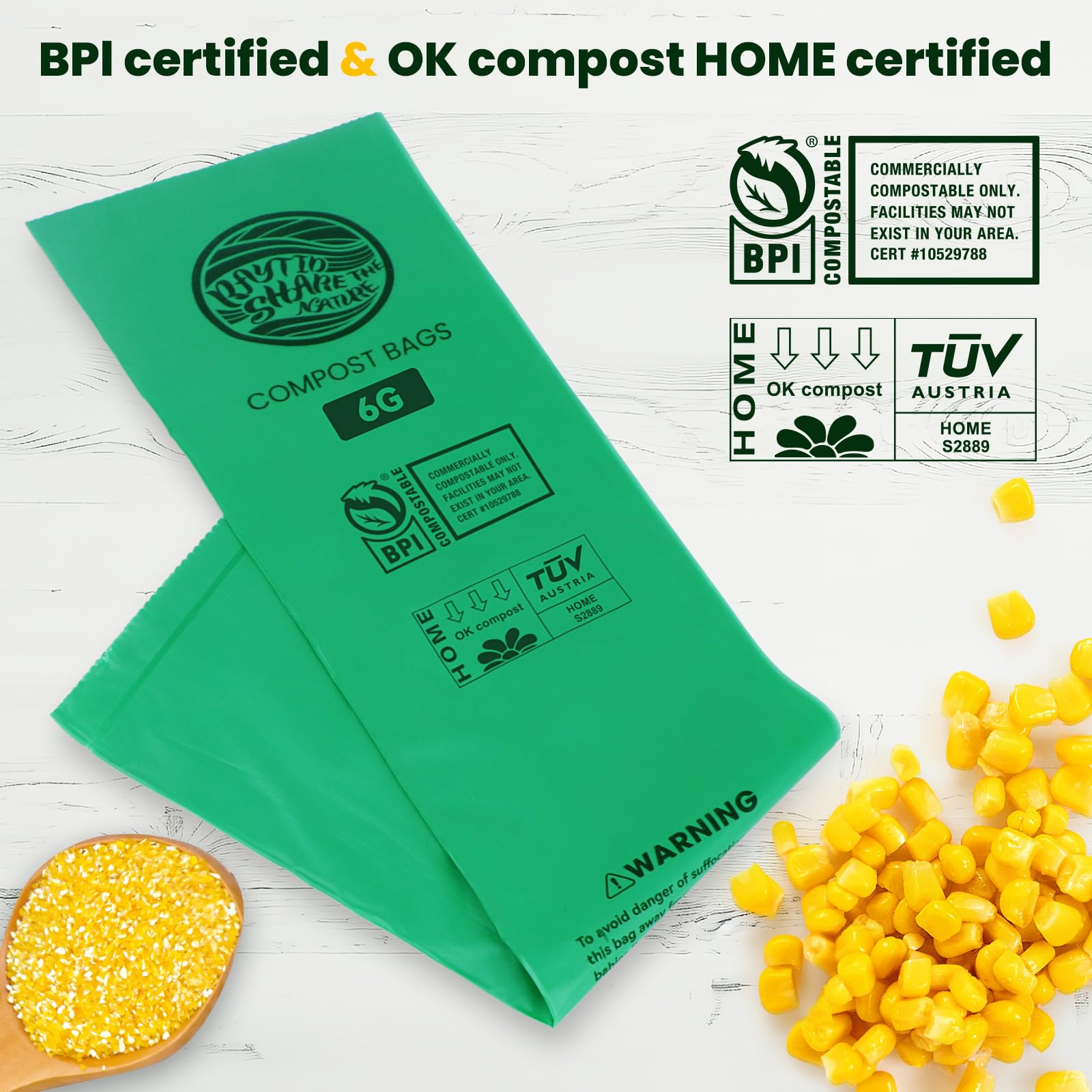 Eco-Friendly Compostable Trash Bags - 6 Gallon (30 Liter) Heavy Duty 0.85 Mils for Food Scraps & Yard Waste | Fits 5-6-8 Gallon Kitchen Trash Cans | 100 Count Pack | ASTM D6400 Certified, BPI & OK Compost HOME Certified | Perfect for Sustainable Kitchen Waste Disposal & Organic Gardening