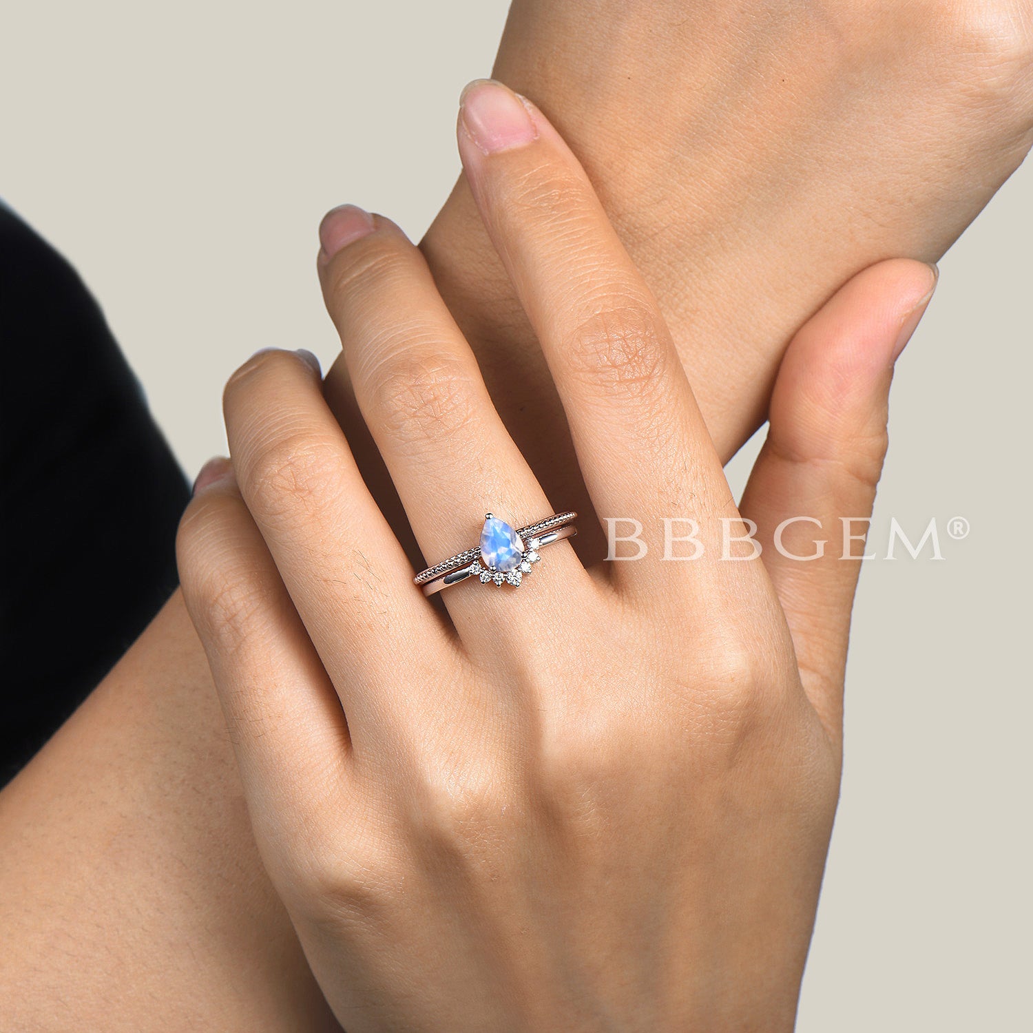 Genuine Moonstone Diamond Engagement Ring Set with Solitaire Rainbow Pear Cut - Perfect for Proposals, Weddings & Anniversary Gifts