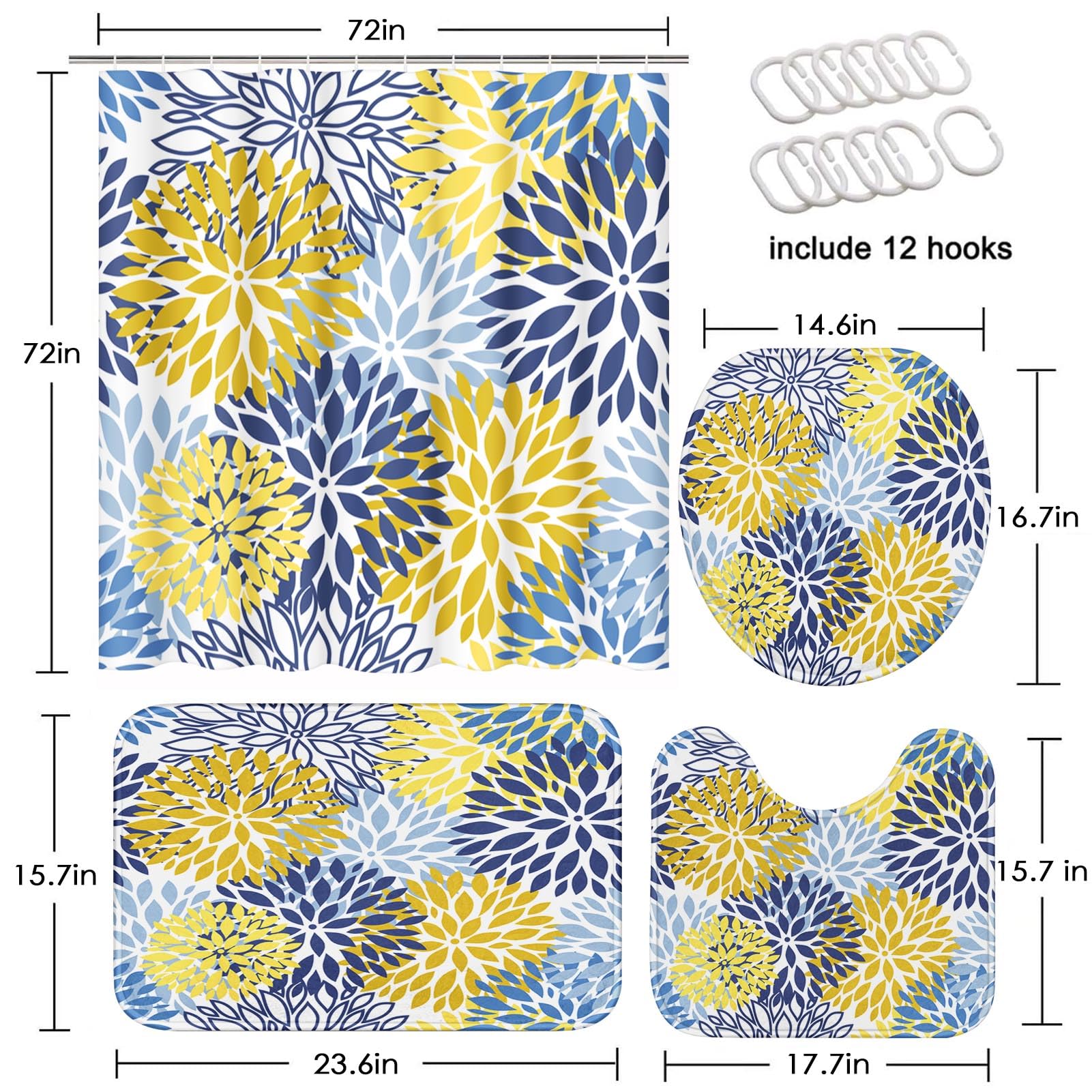 Spring Floral Bathroom Set with Shower Curtain, Rugs & Accessories - Blue Yellow Navy Flower Abstract Grey Plant Leaf Design - 4 Piece Bath Decor for Modern Home & Spa Retreat