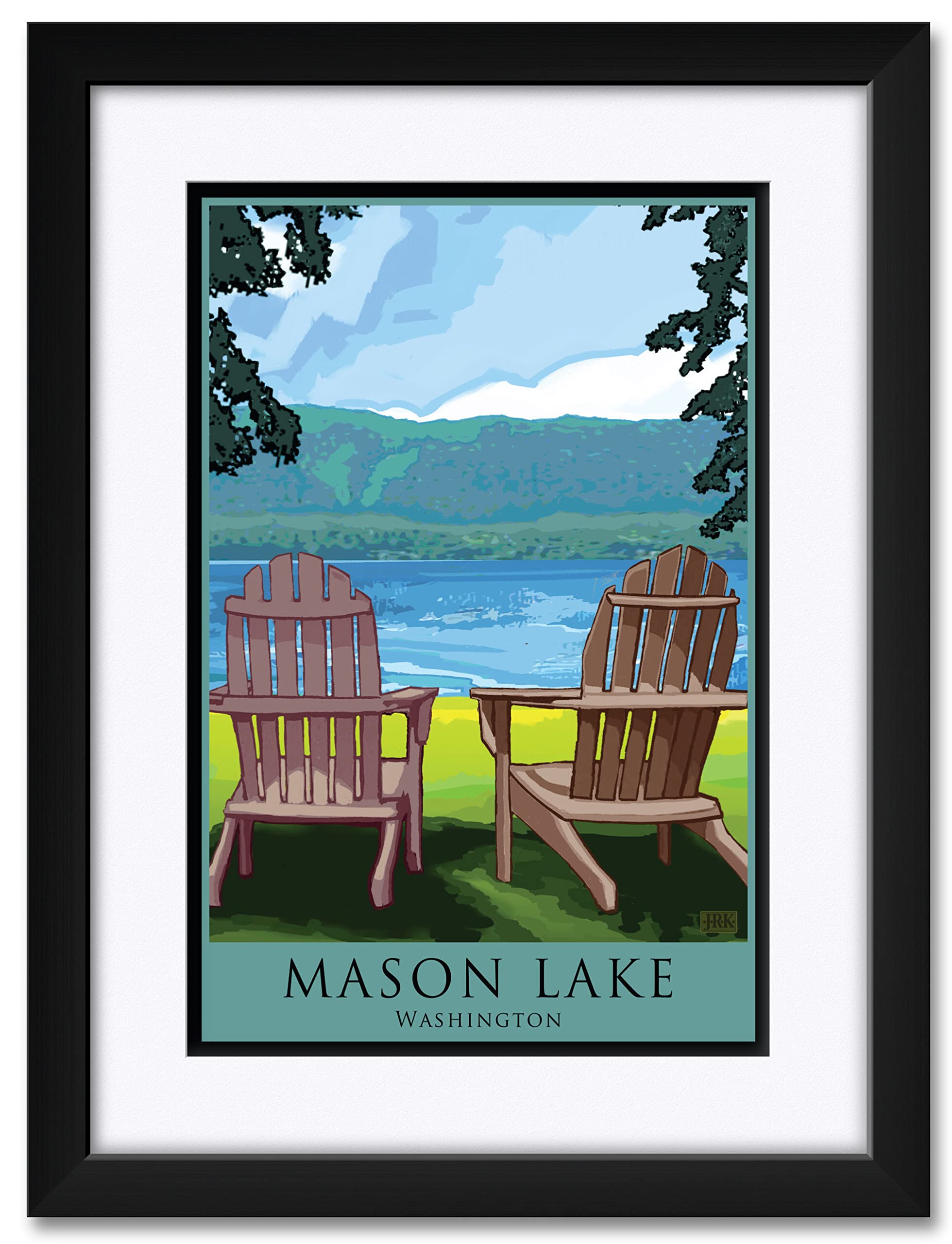 Joanne Kollman Adirondack Chairs Lake Art Print - 18x24 Inch Framed Wall Decor - Mason Lake Washington Landscape Painting - Perfect for Living Room, Bedroom & Office Decoration