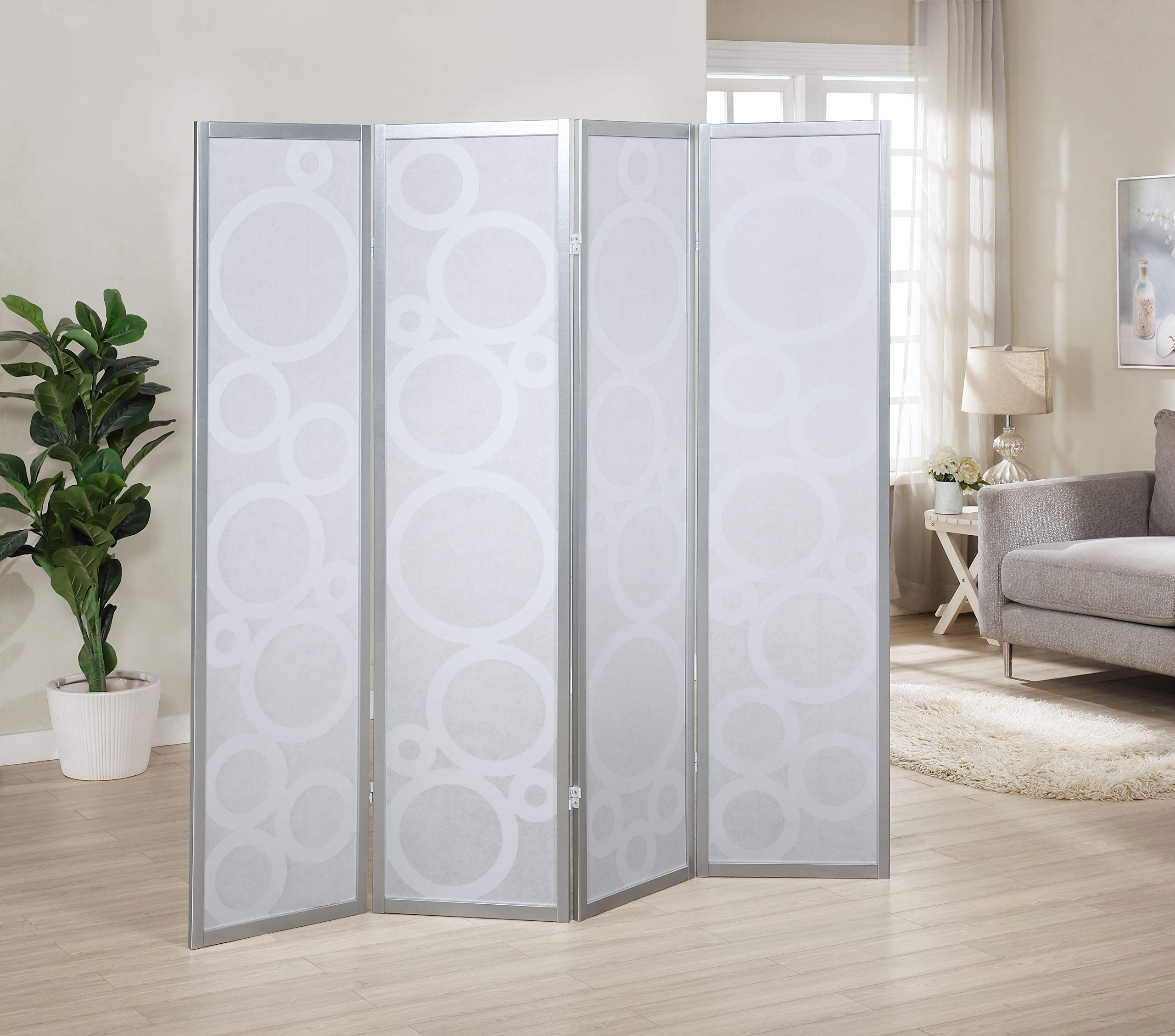 Roundhill Furniture Arvada 4-Panel Wood Room Divider with Decorative Circle Pattern in Silver - Perfect for Home Office, Living Room & Bedroom Privacy