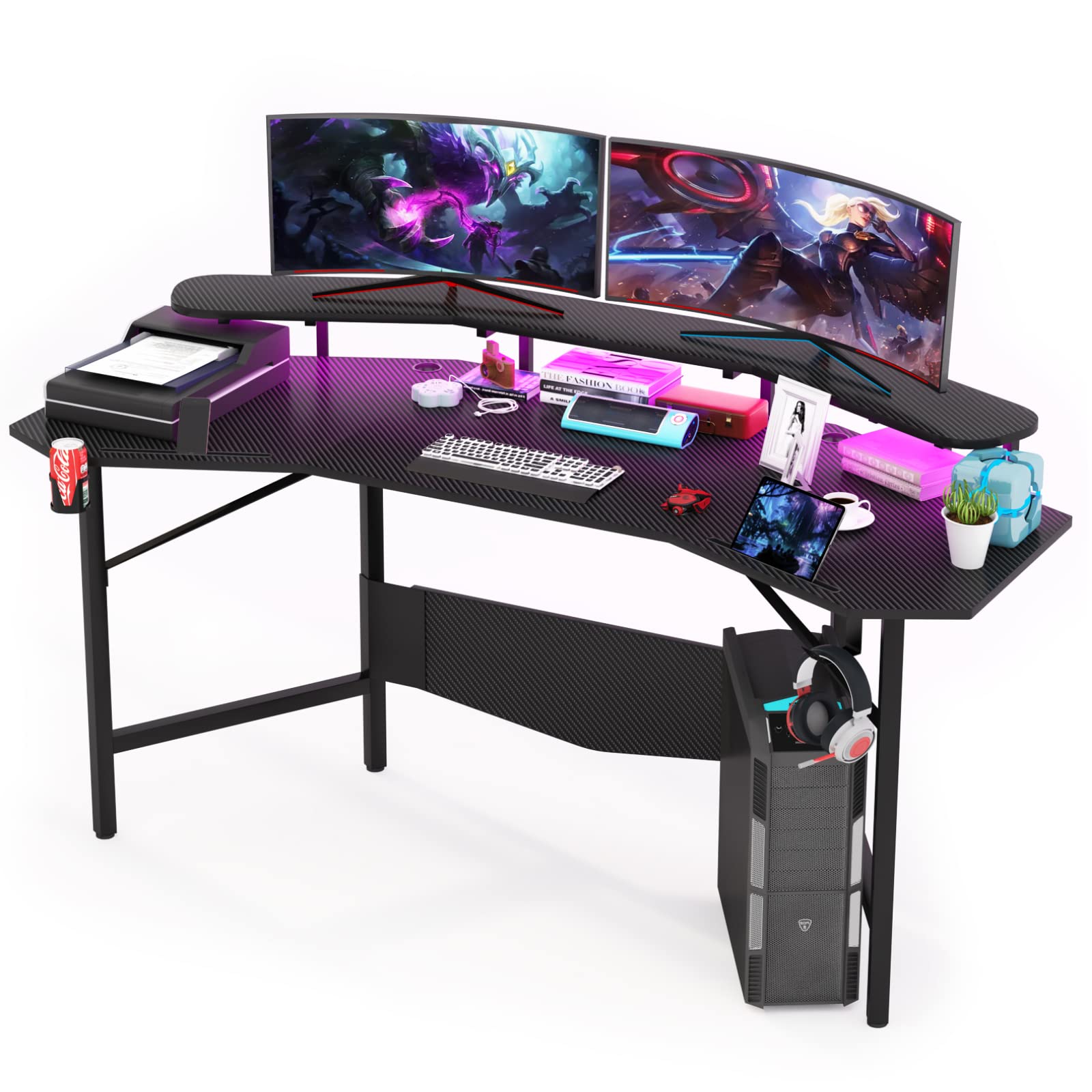 JoliJour 180 x 60 cm Ergonomic LED Gaming Desk with Cup Holder & Headphone Hook - Black Wing-Shaped Design with 2 Cable Management Grooves - Perfect for PC Gaming Setup, Streaming & Home Office Workspace