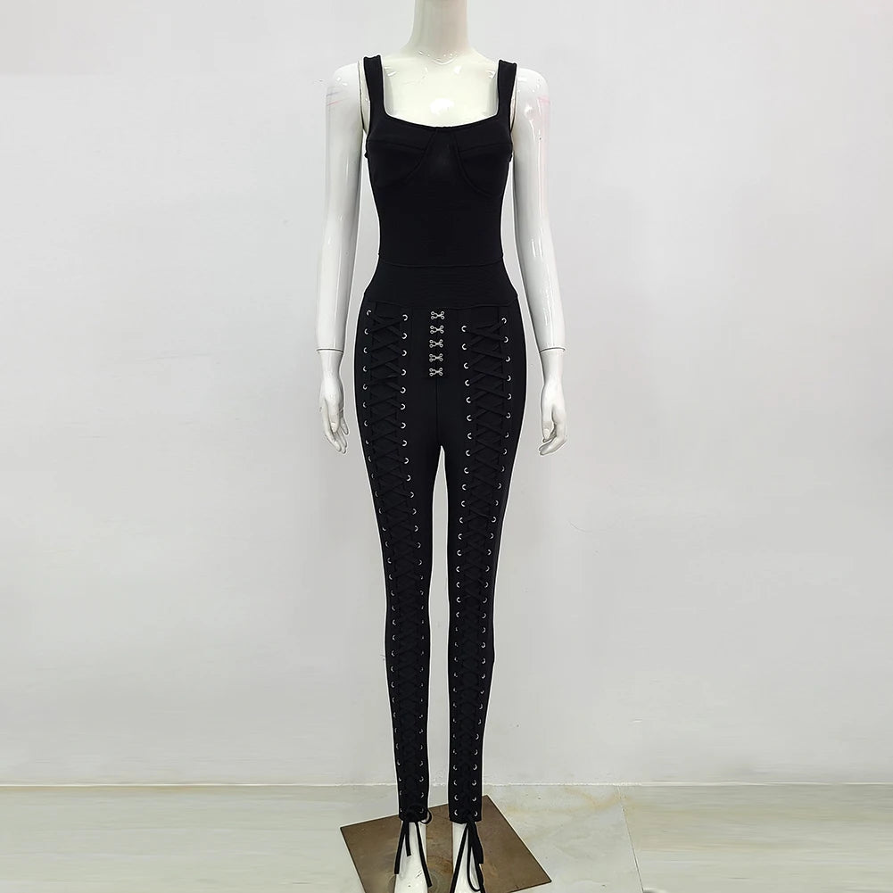 Black & White Sleeveless Rayon Bandage Jumpsuit for Women - Sexy Bodycon Cocktail Party Dress, Clubwear, Night Out Outfit, Summer Fashion