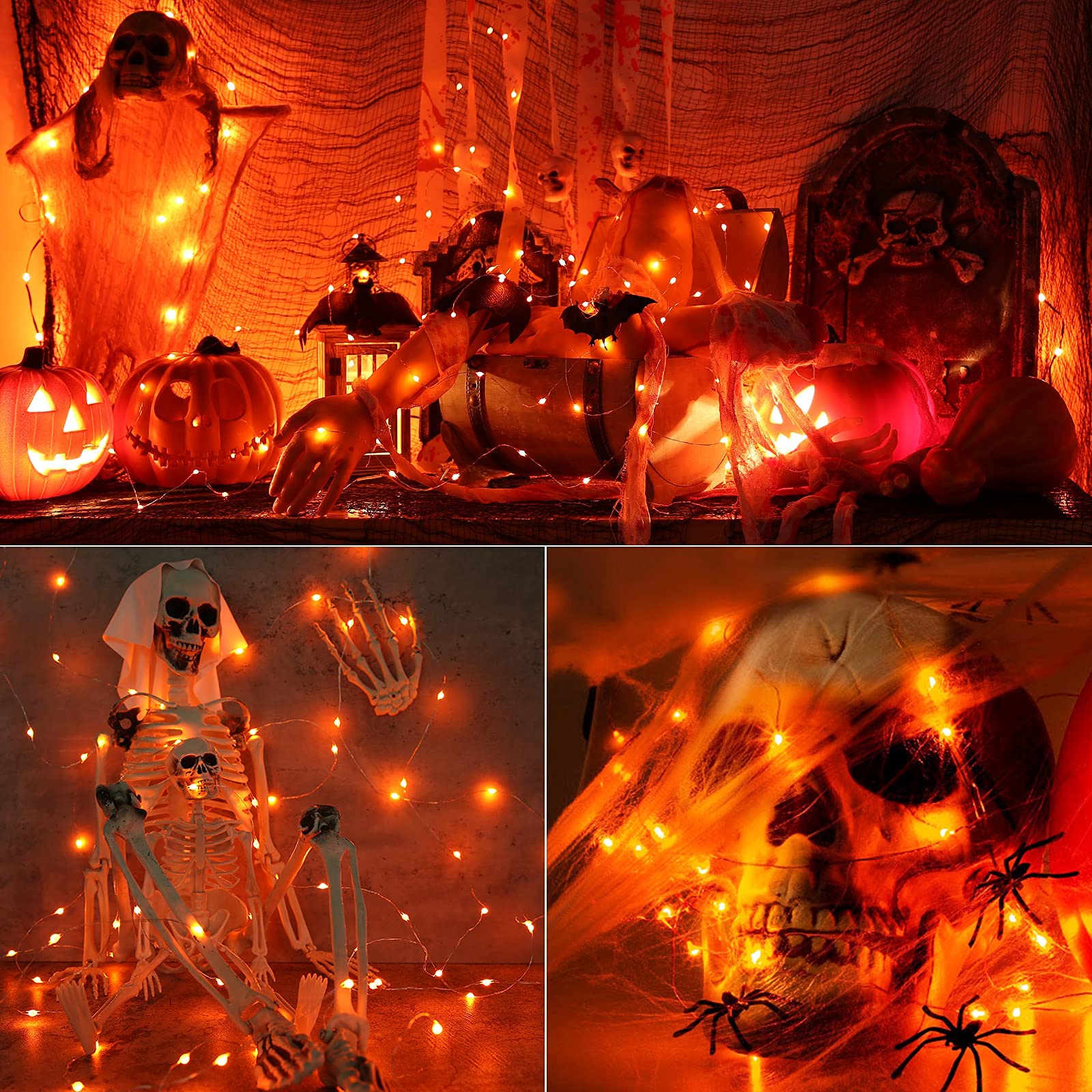 BrizLabs 2 Pack 50 LED Orange Halloween String Lights - 17.48ft Waterproof Fairy Lights with Remote & 8 Modes - Battery Operated for DIY Halloween Party, Tree Decor, Haunted House, Outdoor & Indoor Decorations
