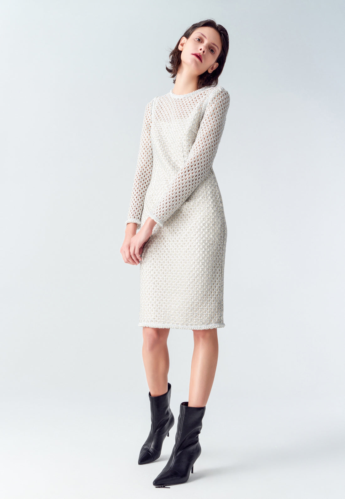 Elegant Silver Lace Long Sleeve Midi Dress for Women - Perfect for Weddings, Parties & Special Occasions