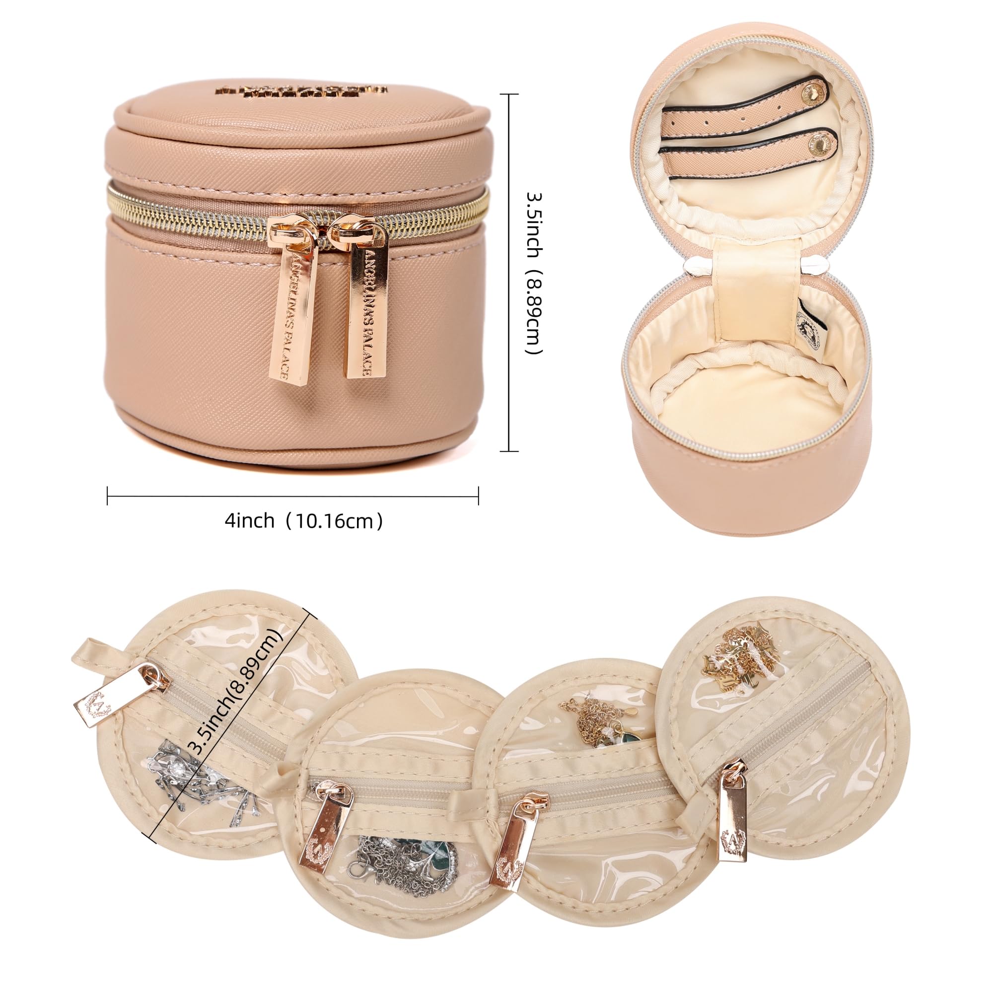 Angelina's Palace Round Jewelry Organizer - Vegan Leather Travel Jewelry Case for Necklaces, Earrings, Bracelets & Rings | Bridesmaid Gift Idea | Light Fawn | Perfect for Travel, Home Storage & Wedding Accessories