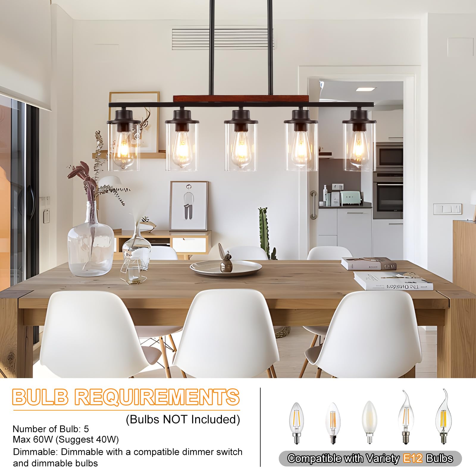 5-Light Black Farmhouse Chandeliers with Clear Glass Shade and Wood - Linear Ceiling Pendant Light Fixtures for Dining Room and Kitchen Island Lighting, Perfect for Modern and Rustic Home Decor