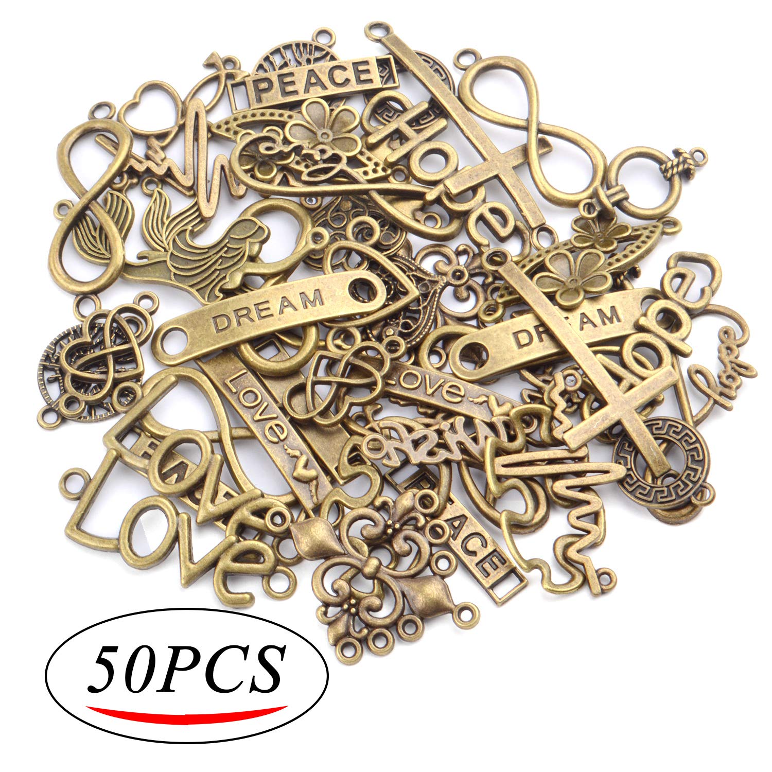 50Pcs Mixed Word Letter Connector Charms - Antique Bronze Infinity Symbol Pendants for DIY Jewelry Making (Necklace/Bracelet) - Perfect for Handmade Gifts, Friendship Jewelry & Craft Projects