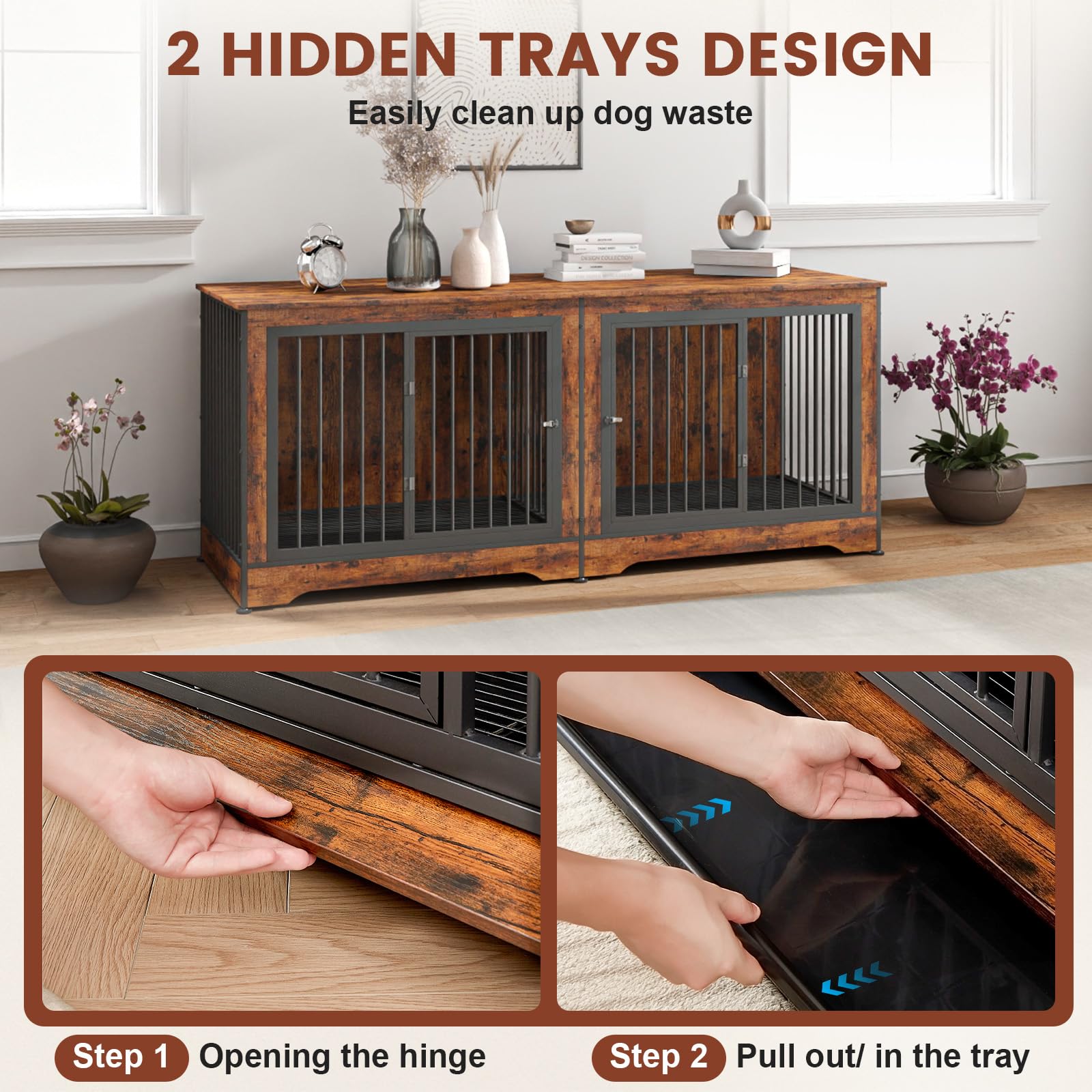 75 Inch 3-in-1 Double Dog Crate Furniture for 2 Large Dogs - Rustic Brown Durable TV Stand with Removable Trays & Divider - Perfect for Living Room, Bedroom or Home Office Pet Space