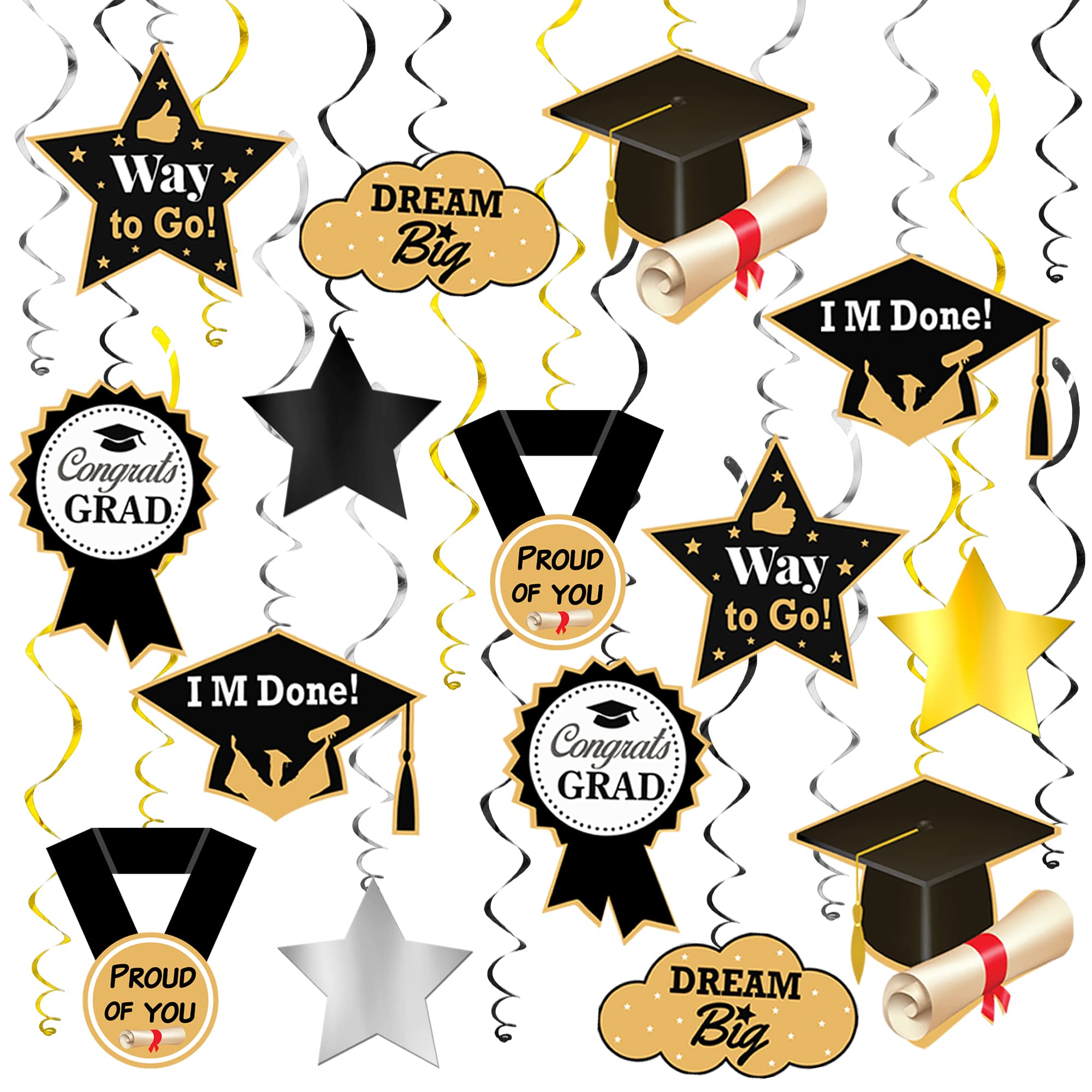 KatchOn Class of 2025 Graduation Decorations - 48-Pack Black & Gold Hanging Swirls for Ceiling Decor | Perfect for Graduation Parties, School Events & Photo Backdrops