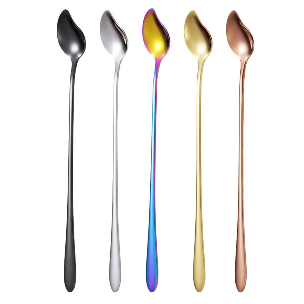 Hemoton 5-Piece Stainless Steel Dessert Spoons Set - Coffee, Tea, Ice Cream & Soup Mixing Spoons - Unique Mango Design Stirring Utensils for Kitchen, Cafe & Party (Mixed Colors)
