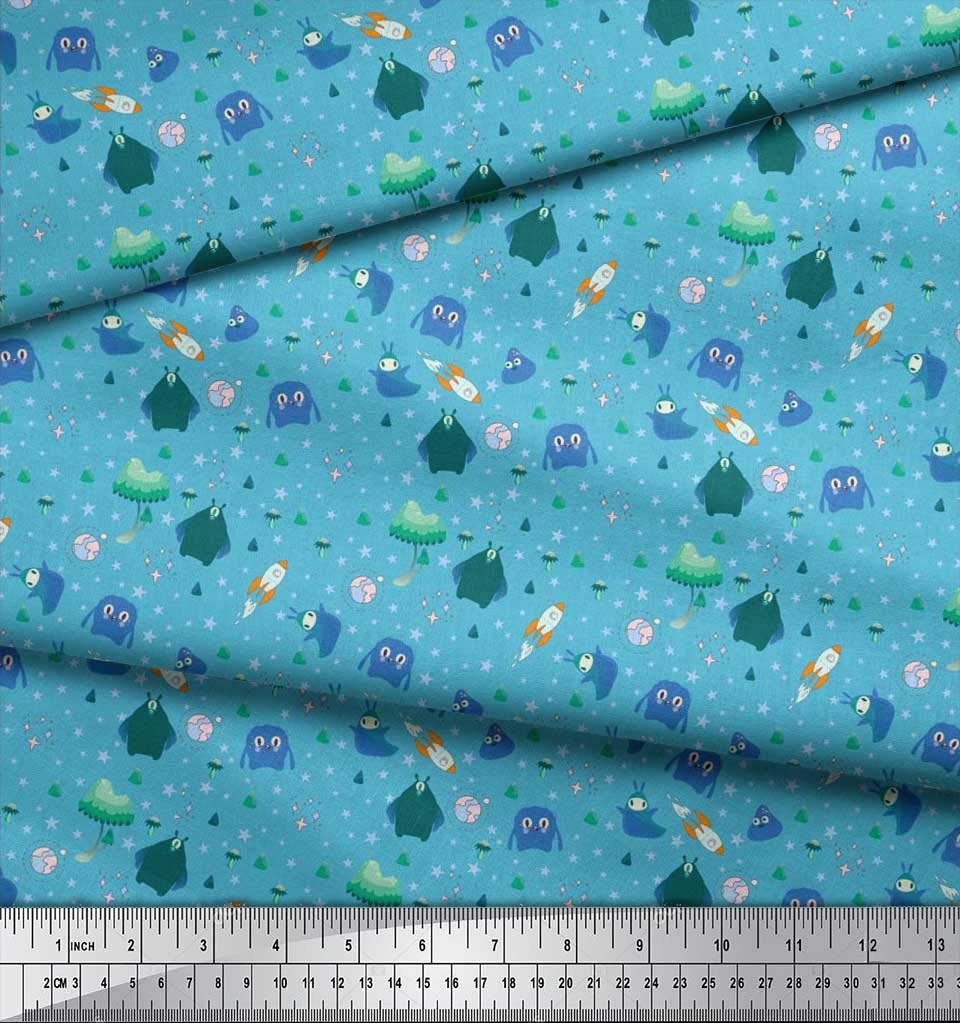 Soimoi 42 Inch Wide Blue Polyester Crepe Fabric by The Yard - Star, Planet & Alien Cartoon Print for DIY Galactic Adventures - Perfect for Kids' Bedding, Curtains & Space-Themed Crafts