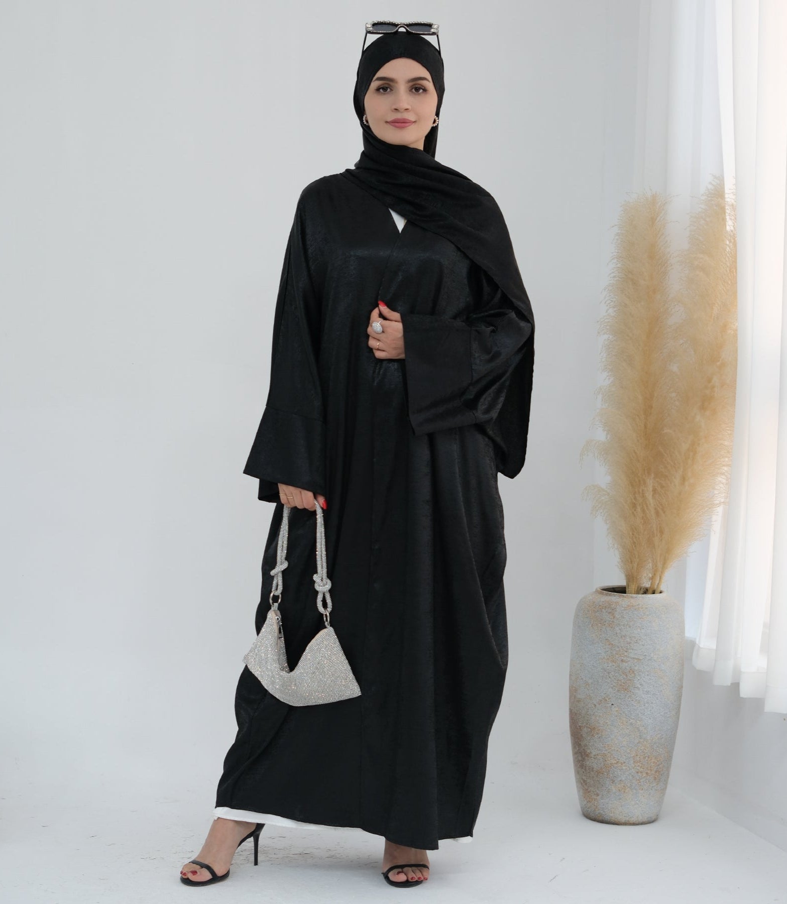 Draya Shimmer Kimono Open Abaya - Elegant Black Muslim Dress for Women | Perfect for Prayer, Evening Wear, and Special Occasions