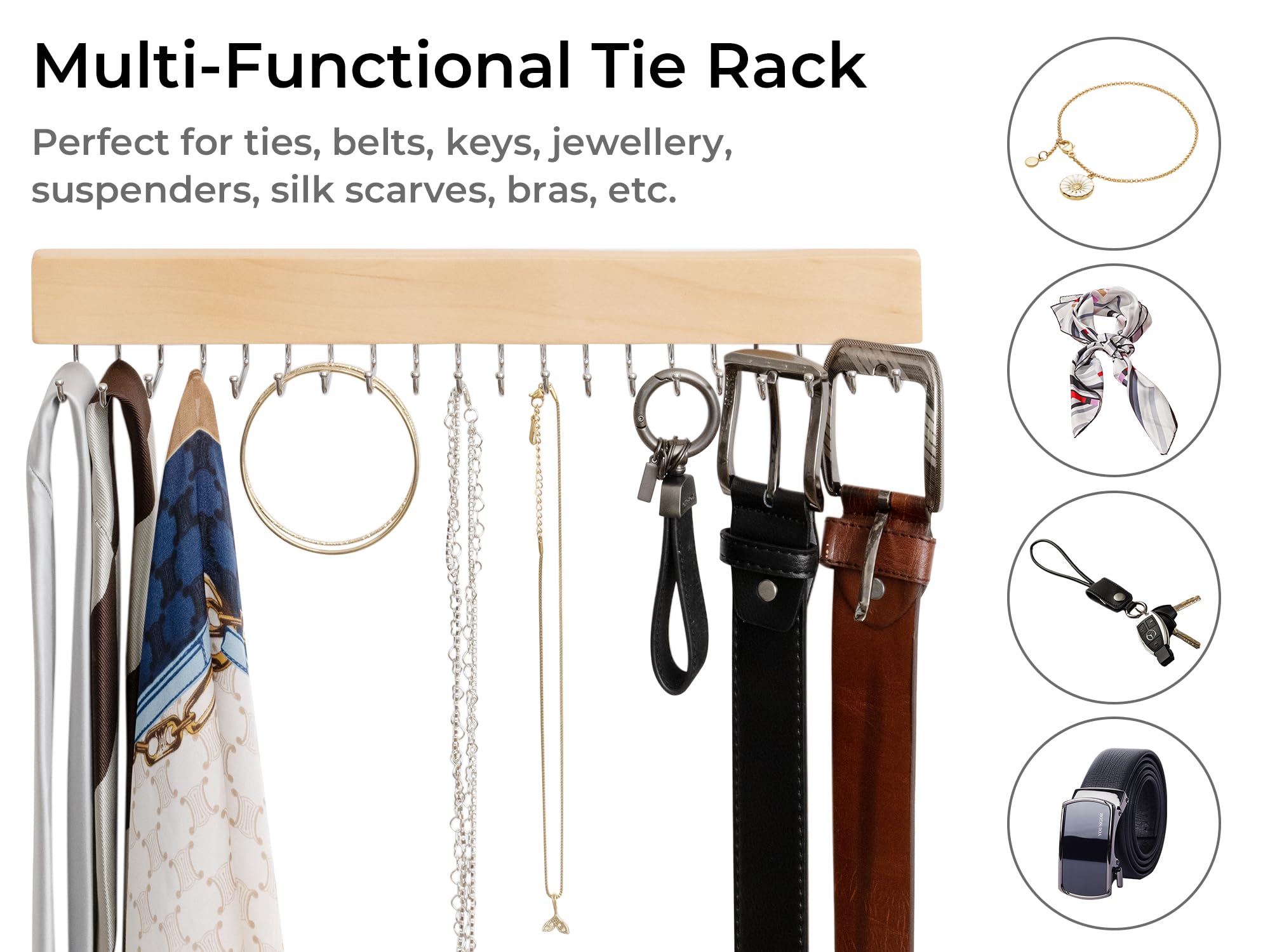 StorageWorks 2-Pack Wooden Tie Rack with 20 Hooks - Wall Mounted Organizer for Neckties, Belts, Hats & Accessories - Natural Wood Finish - Perfect for Closet Organization & Home Decor