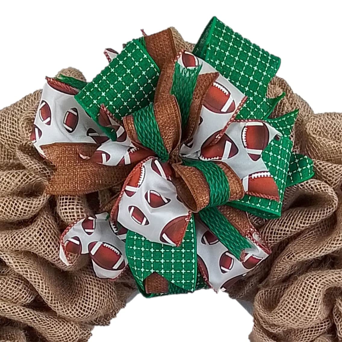 Handmade Burlap Wreath Bow Embellishments - Farmhouse Style Layered Lantern Wreath Decor (Set of 10, Green/Brown Football Theme) - Perfect for DIY Wreath Making, Front Door Decor, and Seasonal Home Decoration