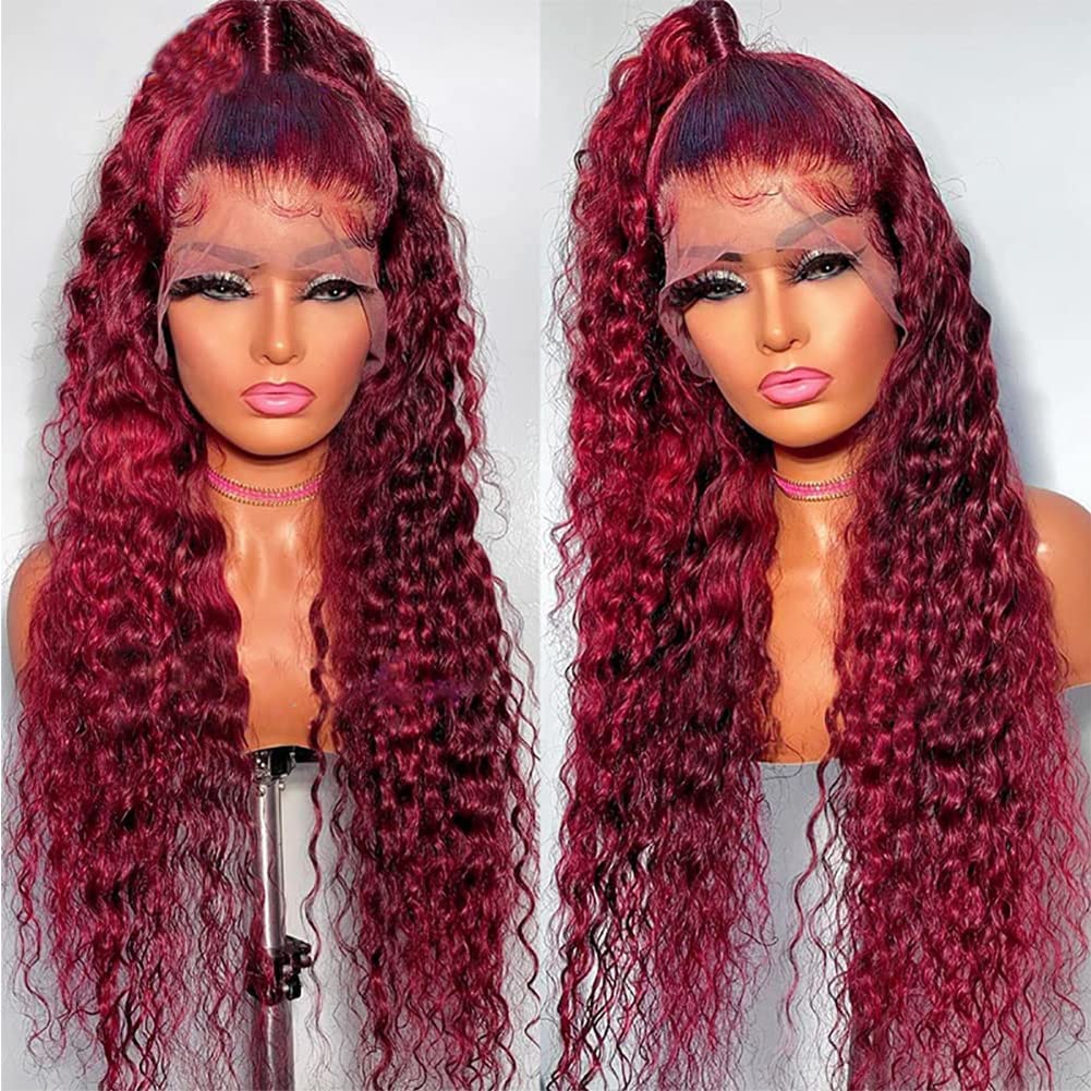 Burgundy 13x6 Deep Wave Lace Front Wig Human Hair 180% Density - 30 Inch Red Colored Curly Lace Frontal Wig for Black Women | 99J Brazilian Virgin Hair | Perfect for Parties, Weddings & Daily Wear