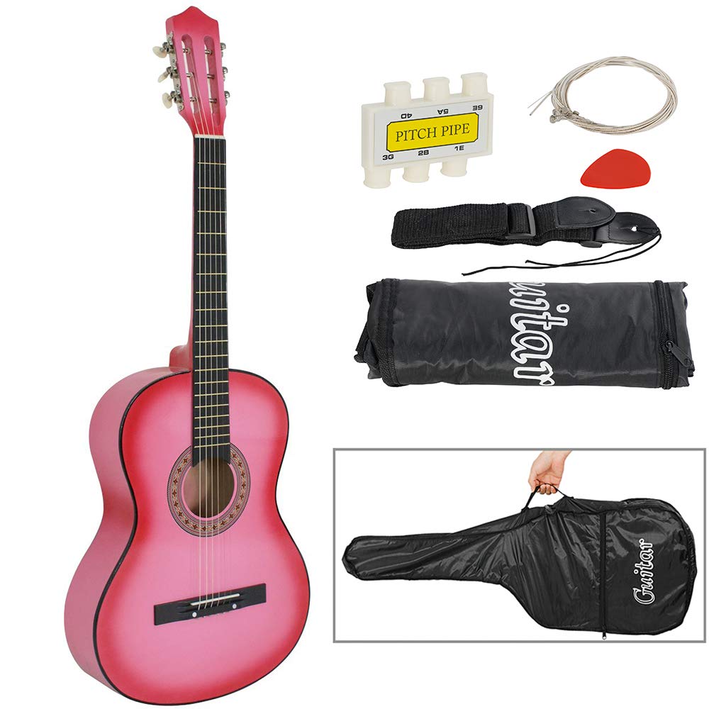 Smartxchoices 38-Inch Pink Acoustic Guitar Starter Kit for Kids & Beginners - Includes Gig Bag, Strap, Extra Strings, Tuner & Picks (Pink) - Perfect for Music Lessons, Birthday Gifts & Home Practice