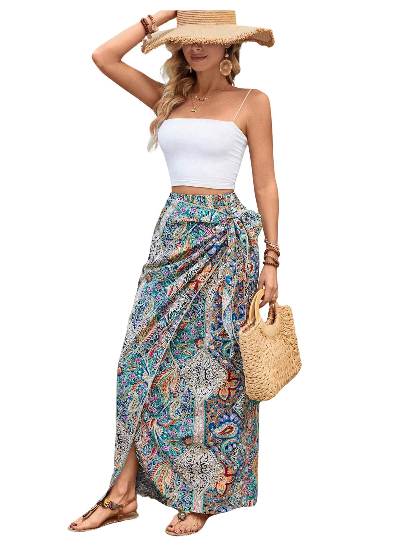 Boho Paisley Print High Waisted Wrap Skirt for Women - Flowy Summer Maxi Long Skirt with Side Slit | Perfect for Beach Vacations, Music Festivals & Boho Chic Outfits