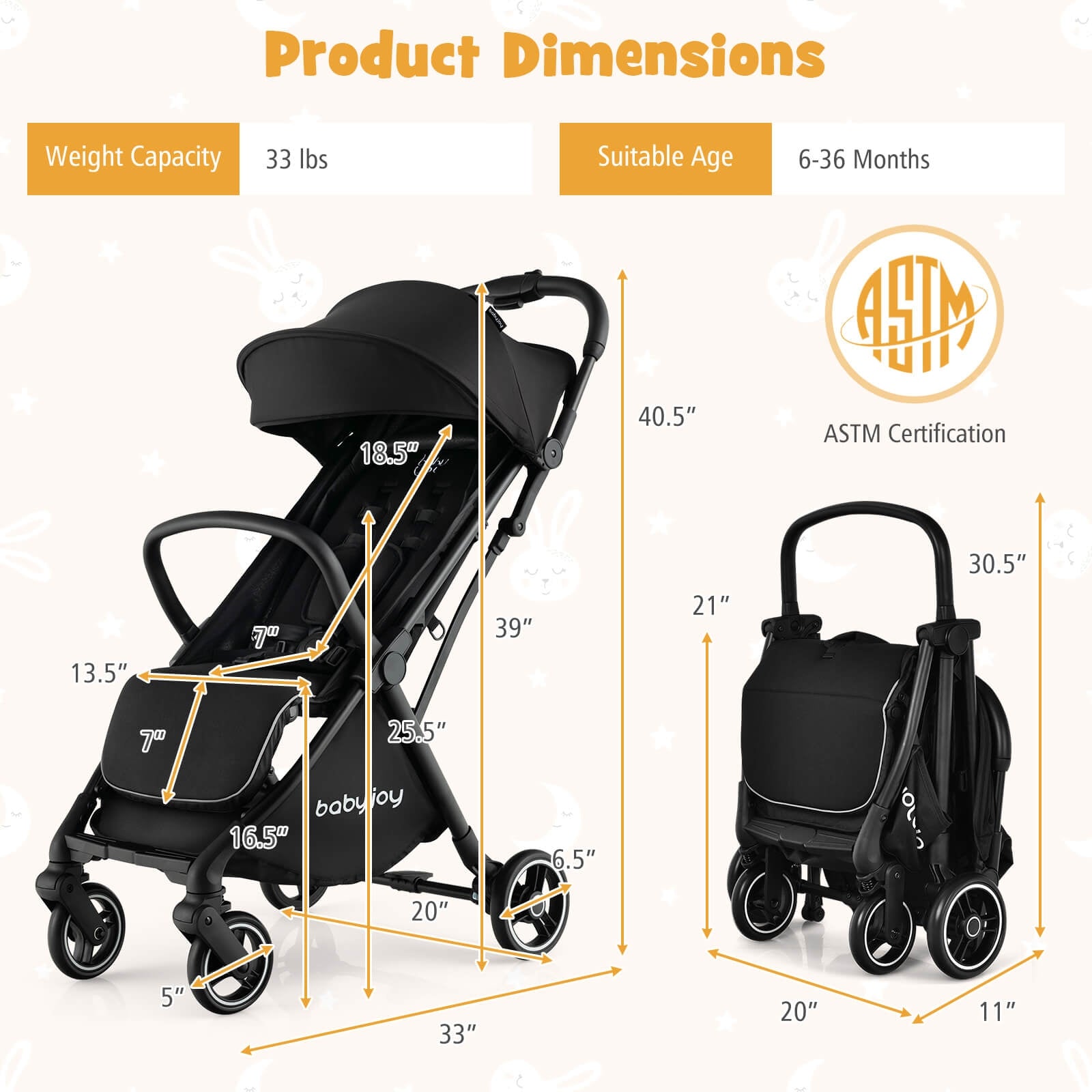 Lightweight One-Hand Folding Portable Baby Stroller with Aluminum Frame - Black | Compact Travel Stroller for Shopping, Park Outings & Airplane Travel