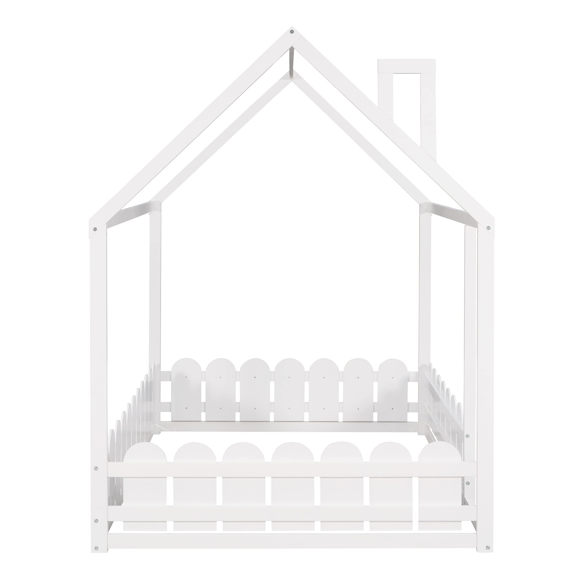 P PURLOVE Solid Wood House Bed Frame with Fence-Style Guardrails - Twin/Full Size Kids Bed for Boys & Girls (Slats Not Included, White) - Perfect for Nursery, Kids Room & Playroom Decor