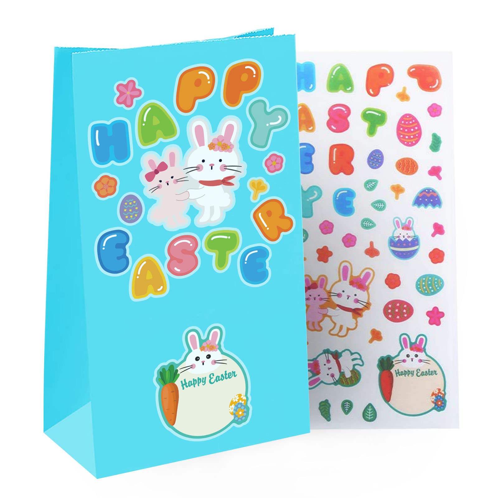 Nexmint 9-Inch Blue Gift Bags (12-Pack) with 4-Sheet DIY Spring Themed Stickers - Party Favor Bags, Treat Bags, Goodie Bags for Birthday, Baby Shower, Easter & Holiday Celebrations
