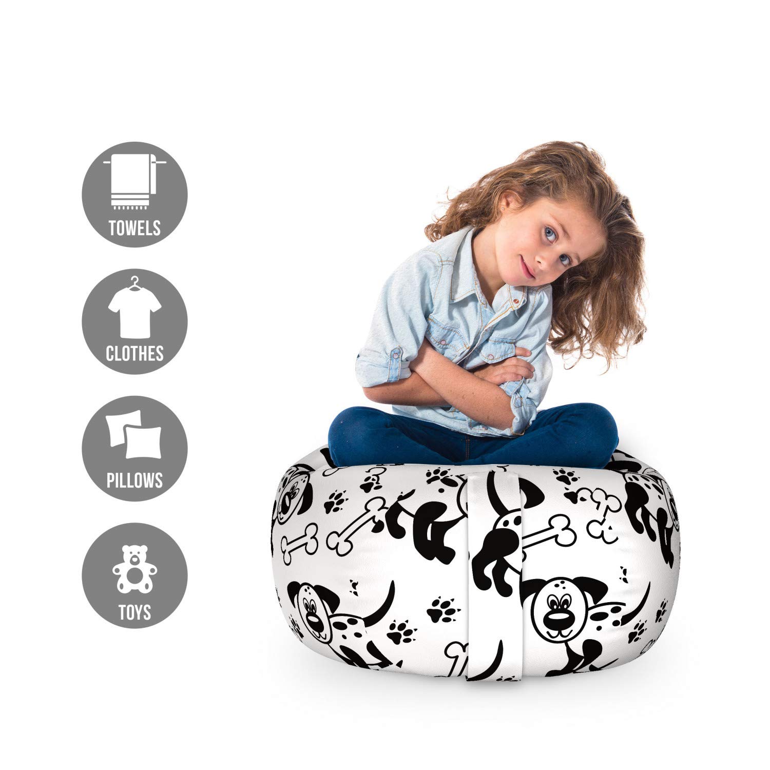 Ambesonne Washable Dog Toy Storage Bag Chair - Monochrome Puppy Paws Pattern, Small Size Charcoal Grey & White - Perfect for Pet Playroom, Nursery or Living Room Organization