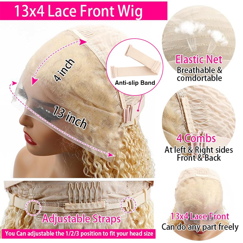 613 Blonde Bob Wig Human Hair 13x4 Lace Front Wig - Short Curly Bob Wigs for Black Women with Pre-Plucked Baby Hair & 180% Density (12 Inch) - Perfect for Cosplay, Daily Wear & Special Occasions