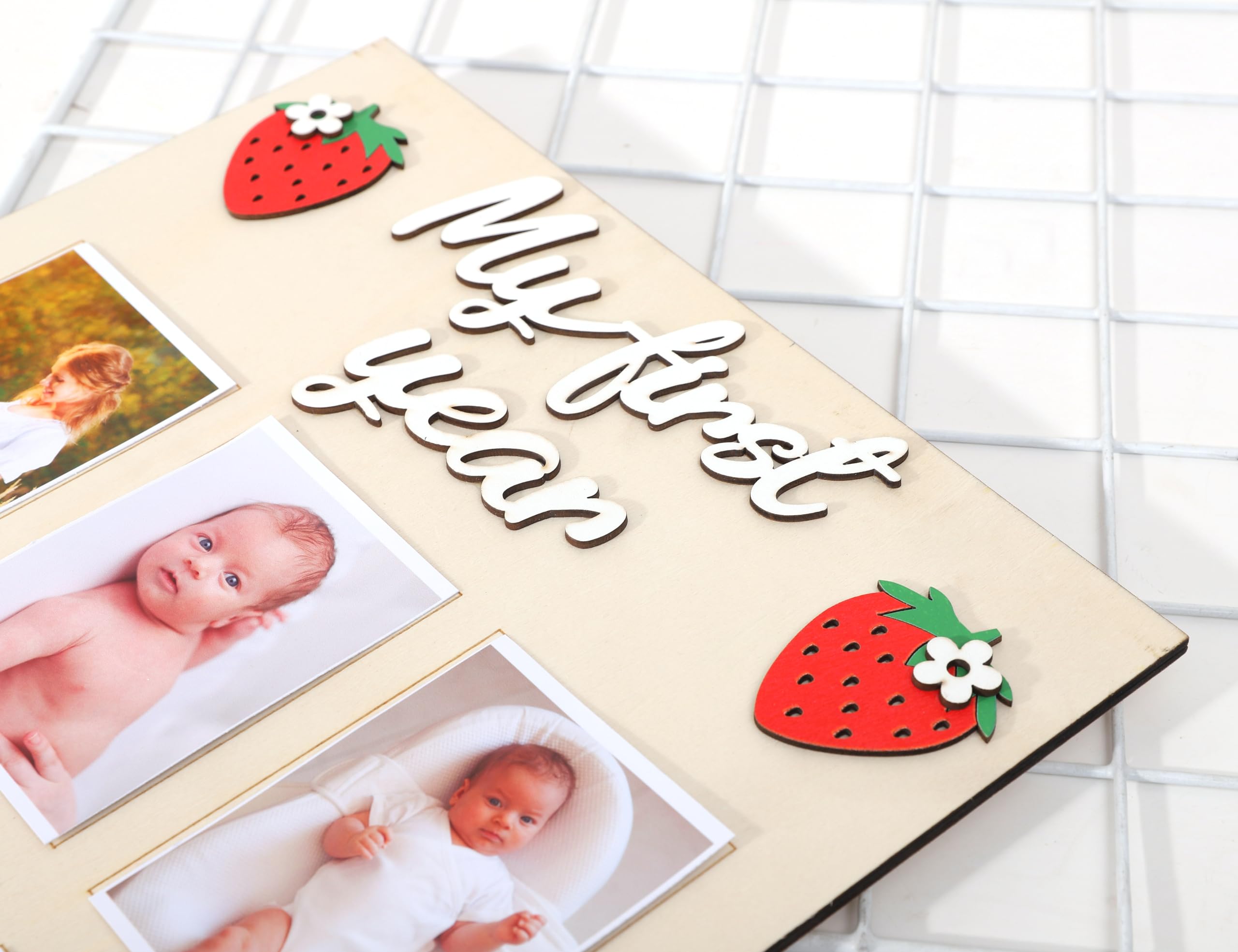 WAUAO 1st Birthday Photo Board - Strawberry Themed Wooden Milestone Decor for Baby's First Birthday | 12 Monthly Photo Props, Berry Inspired Nursery Decor | Perfect for Birthday Parties, Baby Showers & Nursery Room Decorations