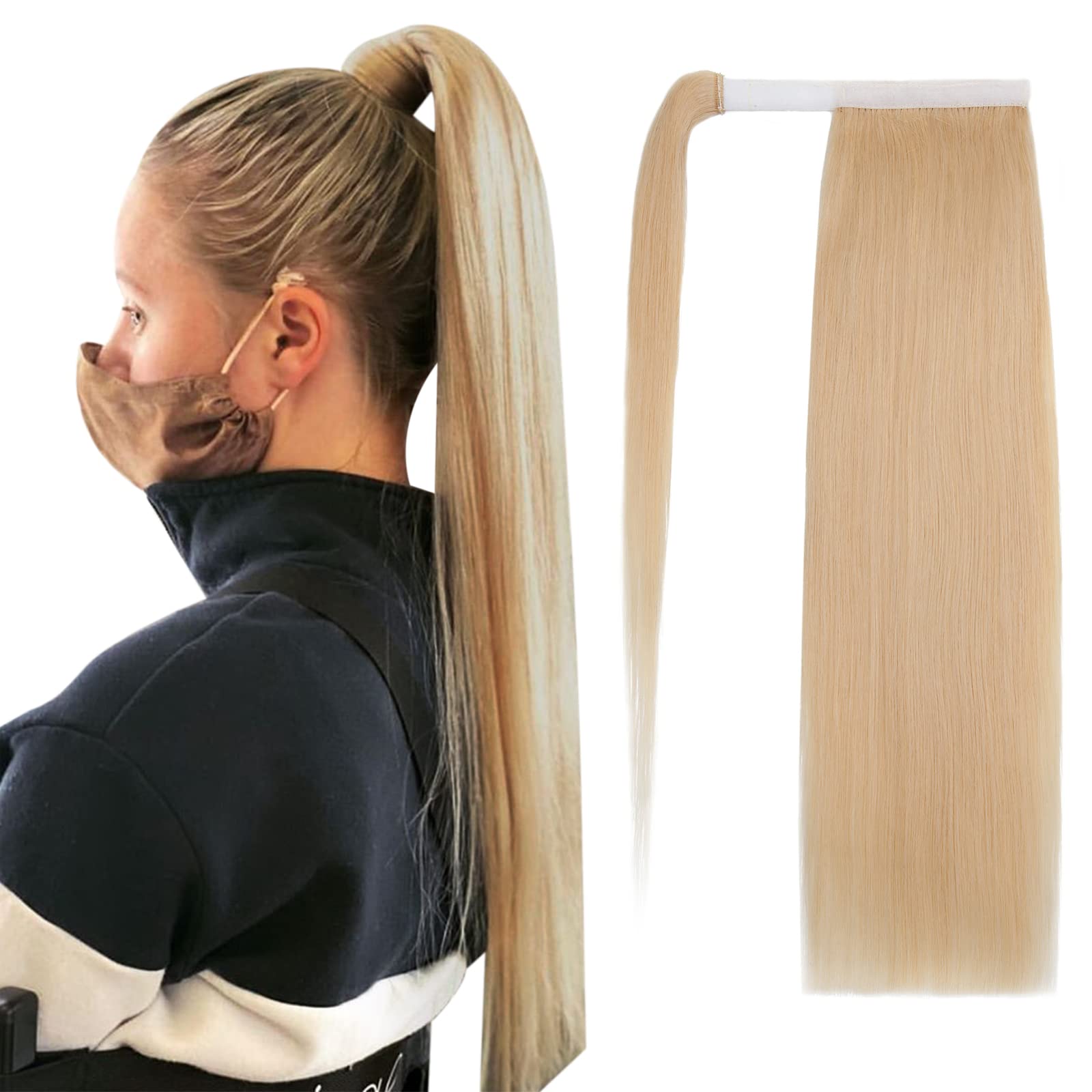 Blonde Remy Human Hair Clip-in Ponytail Extensions - 22 Inch Straight One Piece Hairpiece with Comb Binding for Women (#613 Bleach Blonde) | Perfect for Parties, Weddings & Everyday Styling