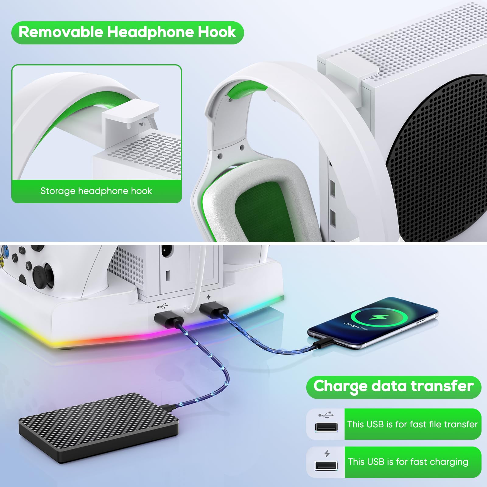 Xbox Series S Charging Station - Vertical Controller Dock with 15 RGB Lights, Cooling Fan System, 2X 1400mAh Rechargeable Batteries & Headset Holder - Perfect for Gaming Setup & Accessories Organization