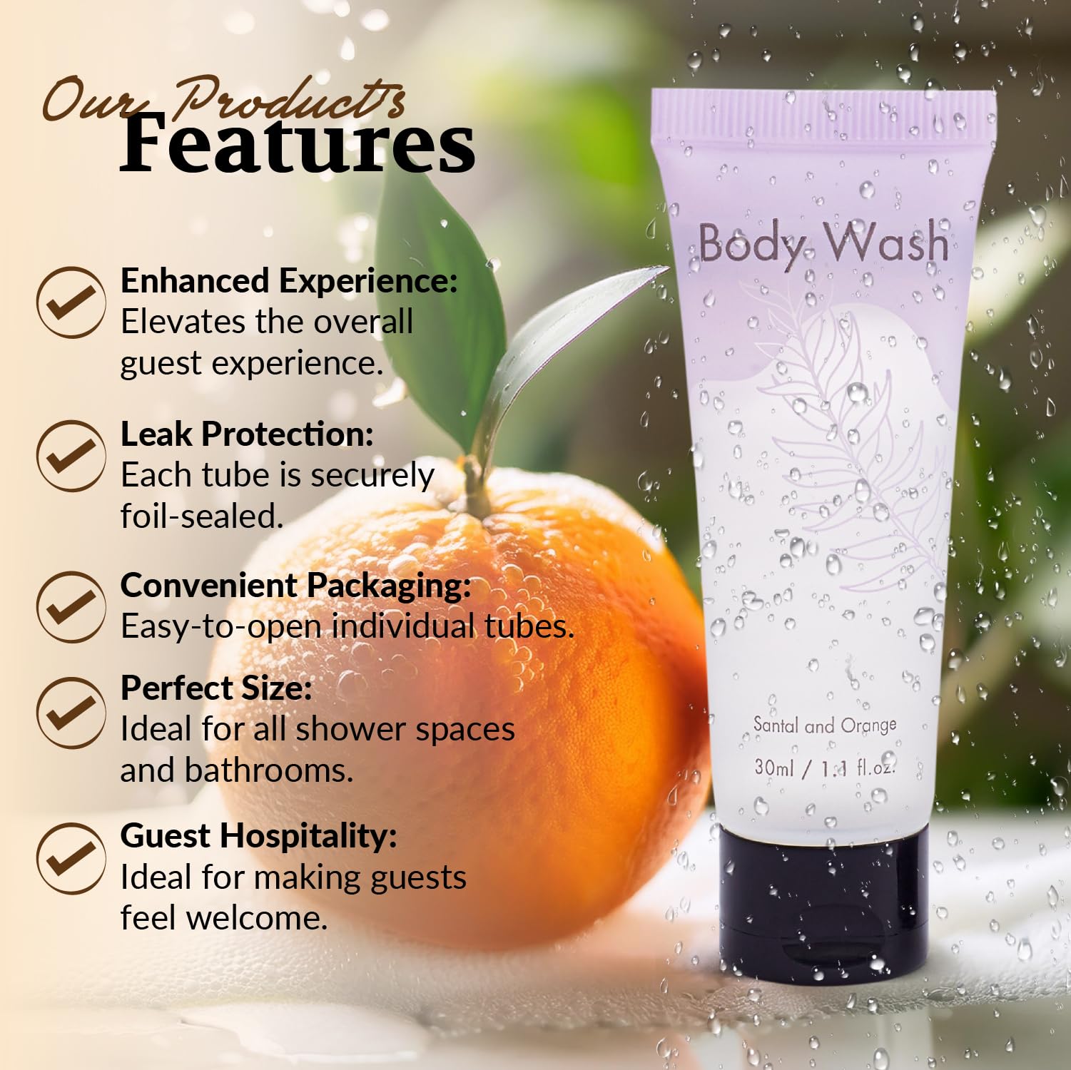 Leak-Proof Travel Size Body Wash 1 Oz (200 Pack) - Sandalwood & Orange Scented Bulk Hotel Amenities | Perfect for Hospitality Industry, Hotels, Spas & Travel Toiletries