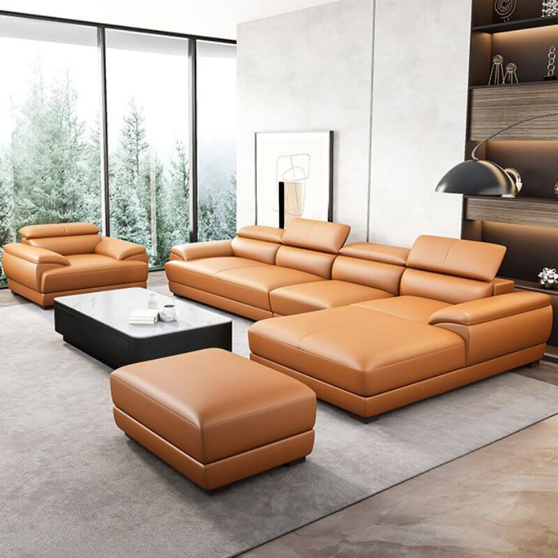 L-Shaped & Straight Cocoa Brown Sofa Chaise with Right & Horizontal Orientation - Perfect for Living Room, Lounge & Home Theater Seating