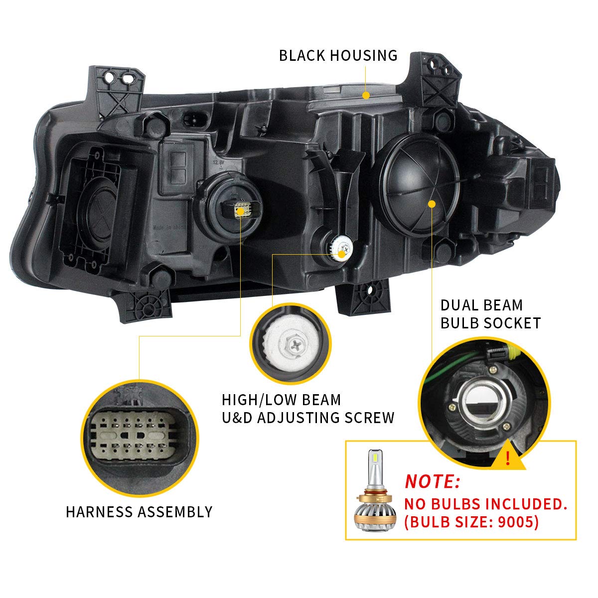 YUANZHENG LED Projector Headlights Assembly for Dodge Charger 2015-2019 - Dual Beam Lens with DRL - YAA-CHR-2033 - Upgrade Your Night Driving Safety & Style
