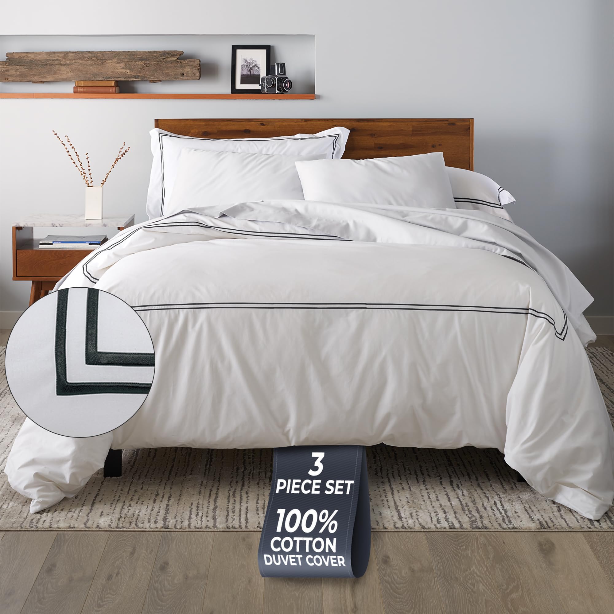 Luxury 100% Cotton Duvet Cover Set (3pc) - King/Queen/Cal King Size - Breathable & Lightweight - White & Black Options for Bedroom Decor & Hotel Style Comfort
