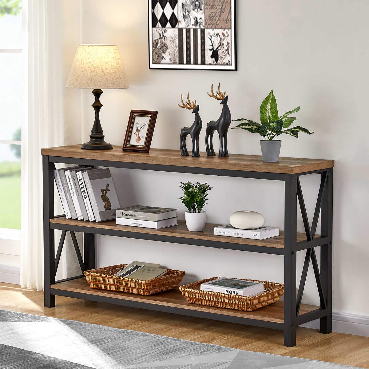 FATORRI 55 Inch Rustic Oak Industrial Console Table with 3-Tier Shelves - Entryway Sofa Table, Hallway Table for Living Room, Bedroom & Office - Perfect for Home Decor, Storage & Display